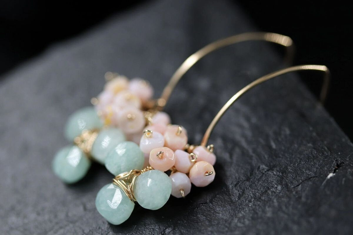 Pink Opal Amazonite Earrings, 14 Gold Filled Teardrop Bohemian Floral