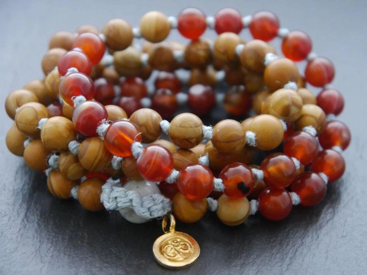 Red Carnelian Brown Jasper Mala Beads, 108 Gemstone Beads, Wrap, Hand Knotted