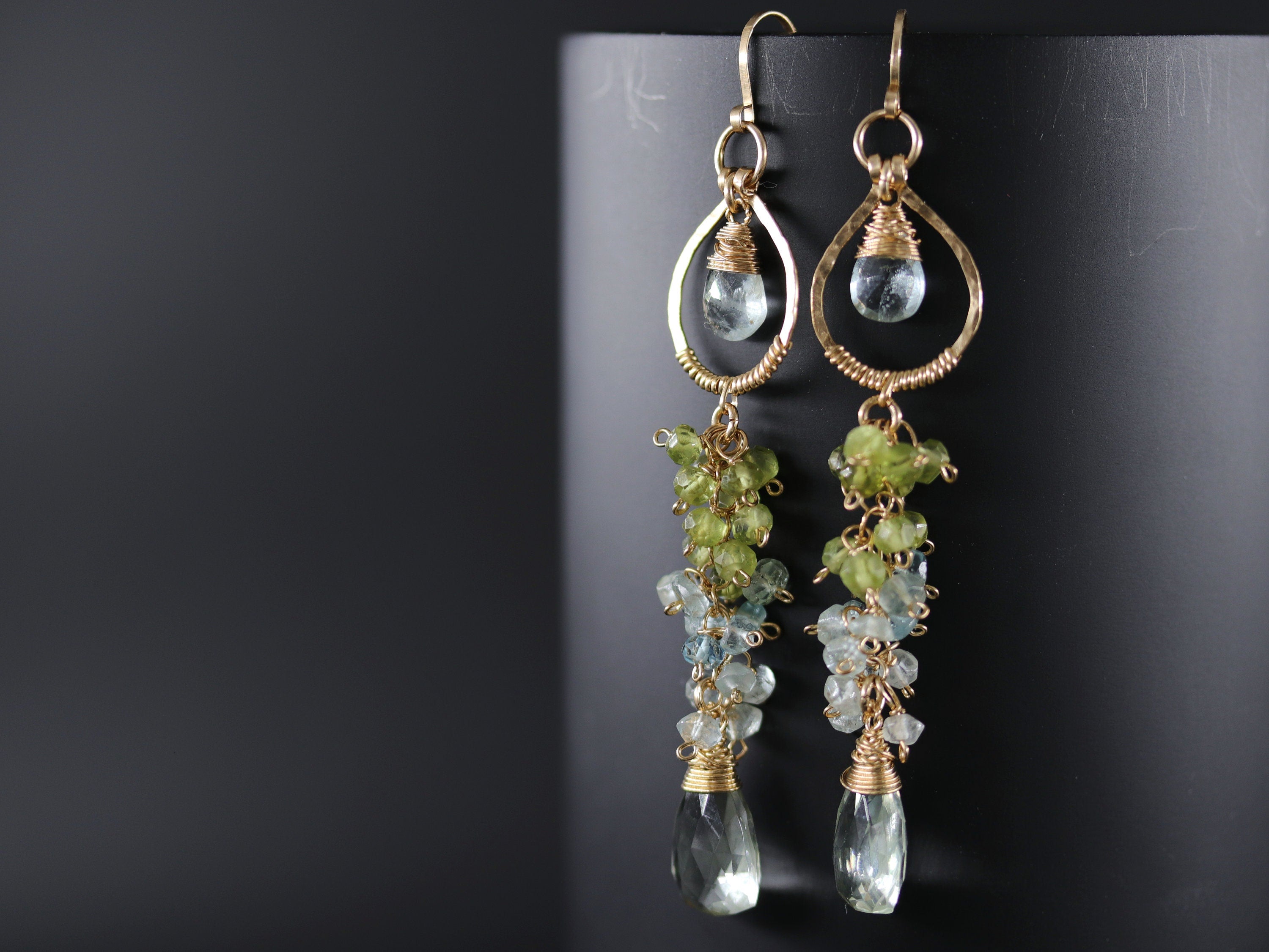 Peridot Aquamarine Cluster Chandelier Earrings, 14K Gold Filled Long Floral Dangle, Bohemian Jewelry