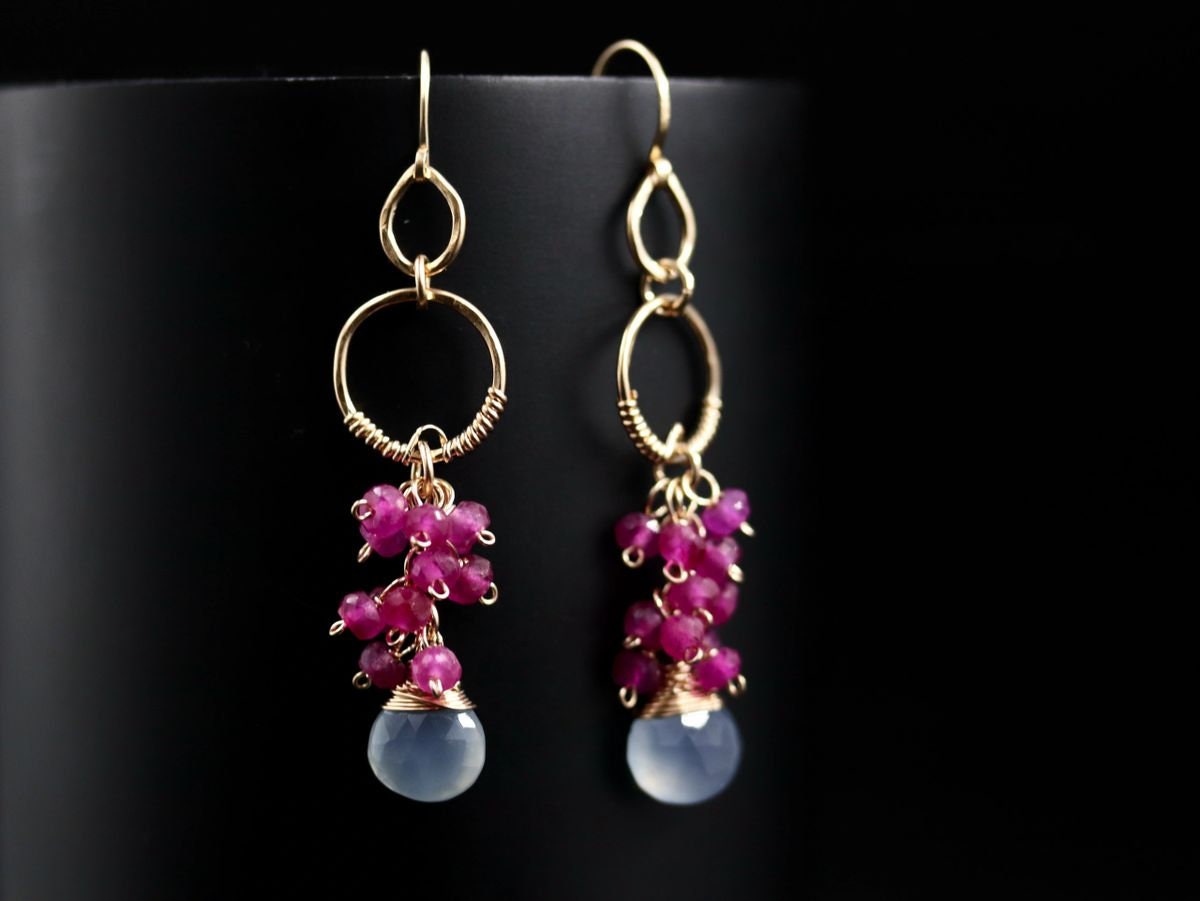 Ruby Chalcedony Heart Briolette Floral Cluster Gemstone Earrings, 14K Gold Filled