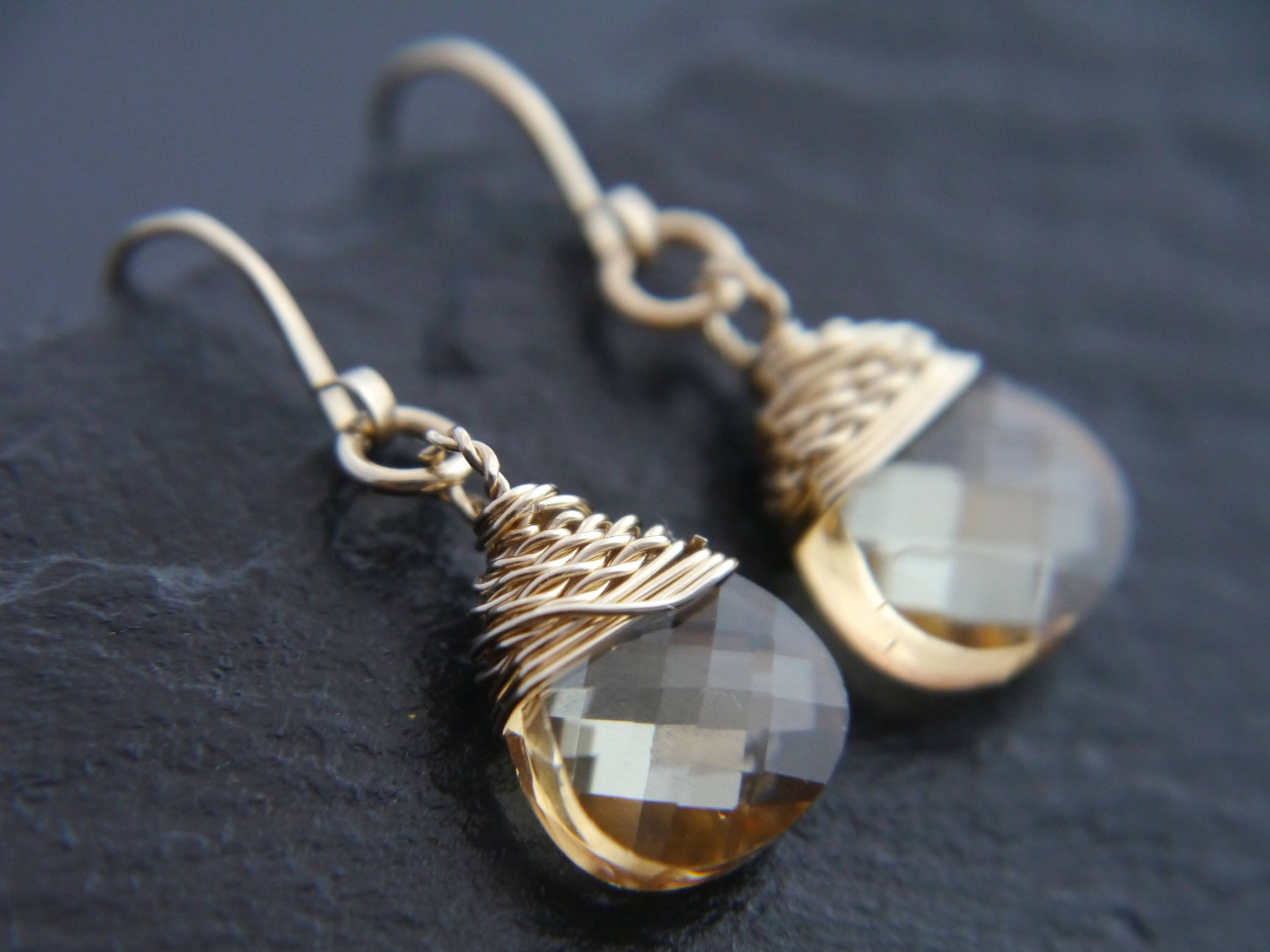 Champagne Swarovski Crystal Briolette Gemstone Earrings, 14K Gold Filled Minimalist