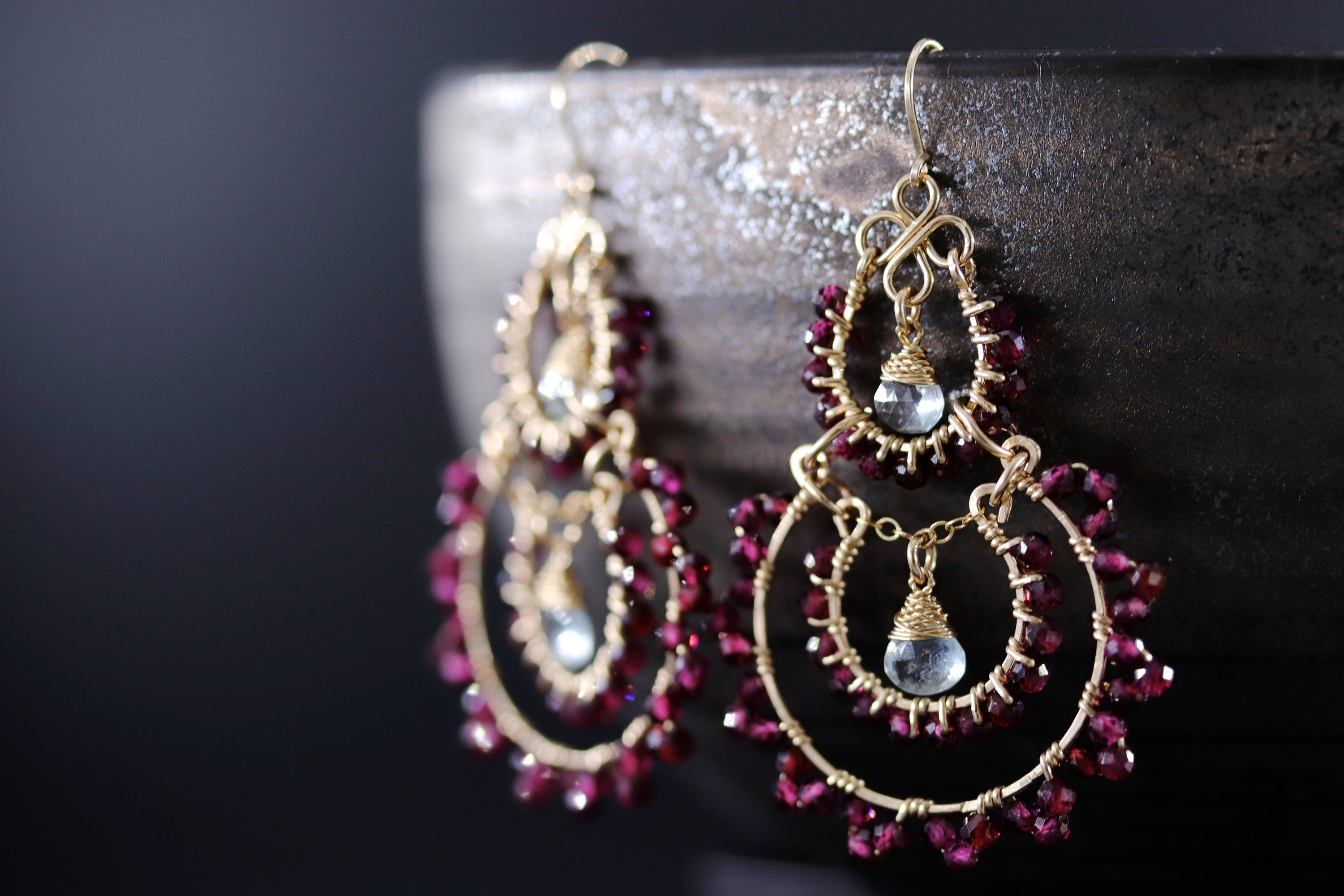 Garnet Aquamarine Fringe Chandelier Earrings, 14K Gold Filled Long Dangle, Heirloom Statement