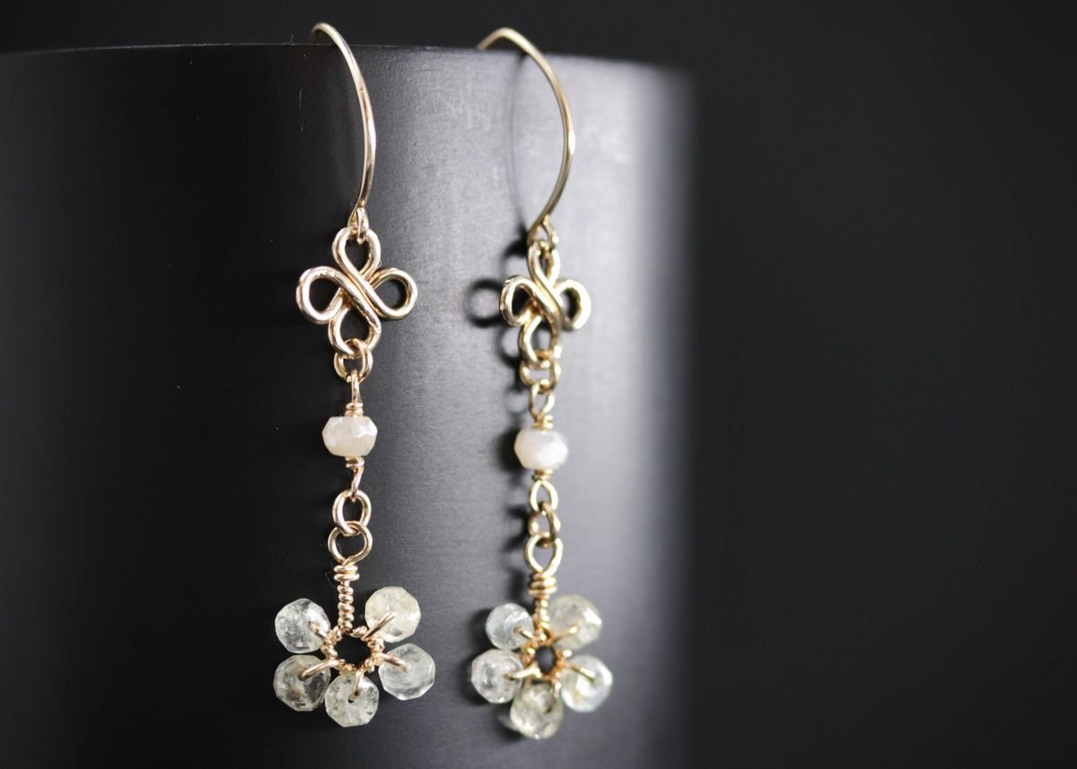Moss Aquamarine Moonstone Long Dangle Floral Gemstone Earrings, 14K Gold Filled Bridal