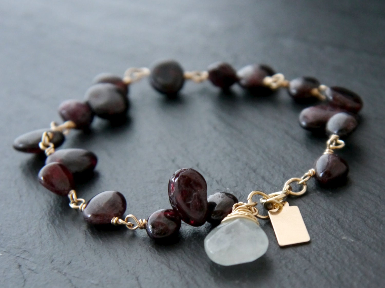 Garnet Floral Beaded Gemstone Bracelet, 14K Gold Filled January Birthstone Jewelry