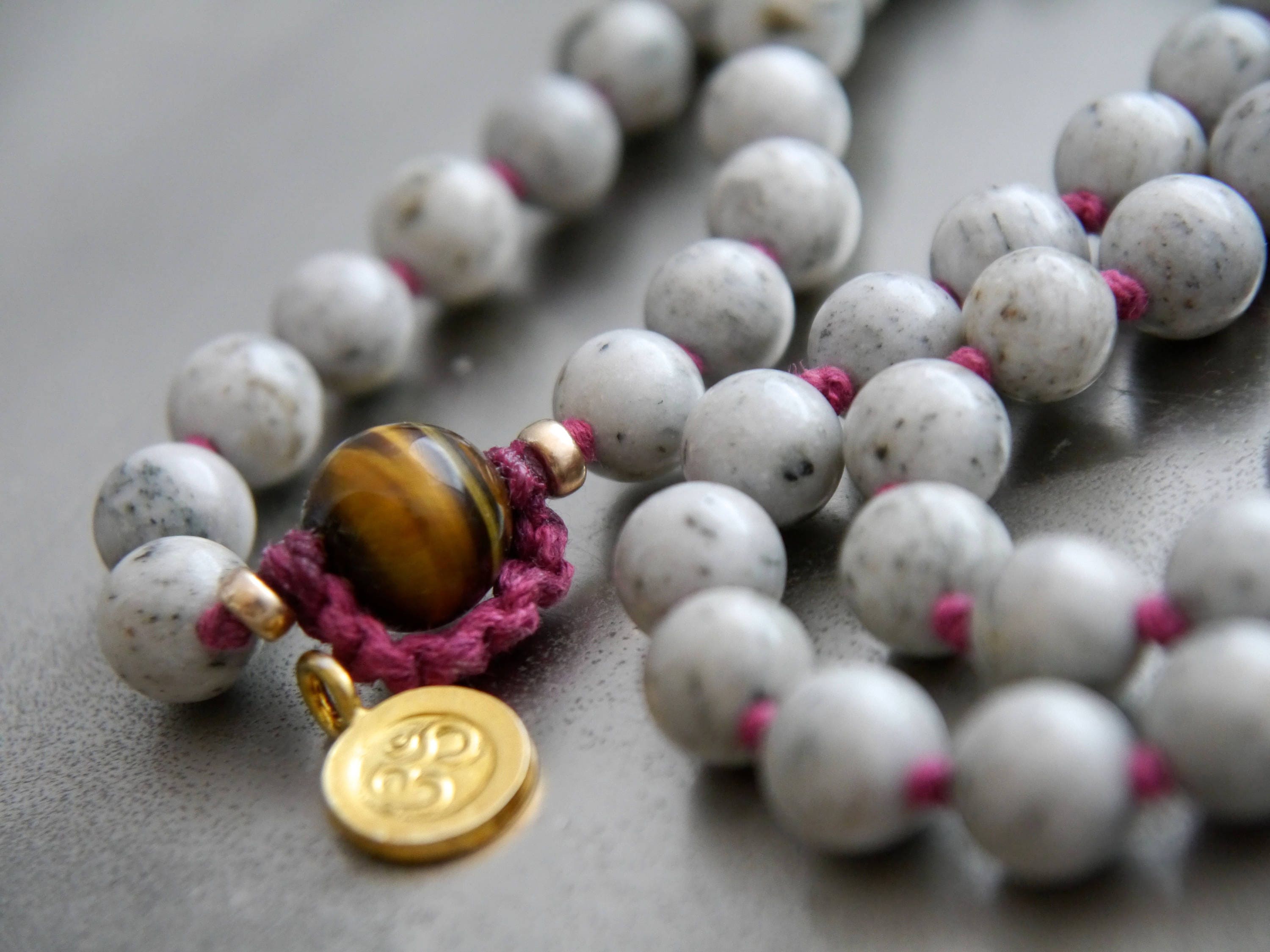 Gray Feldspar 108 Mala Bead , Wrap, Hand Knotted Tibetan Prayer Beads