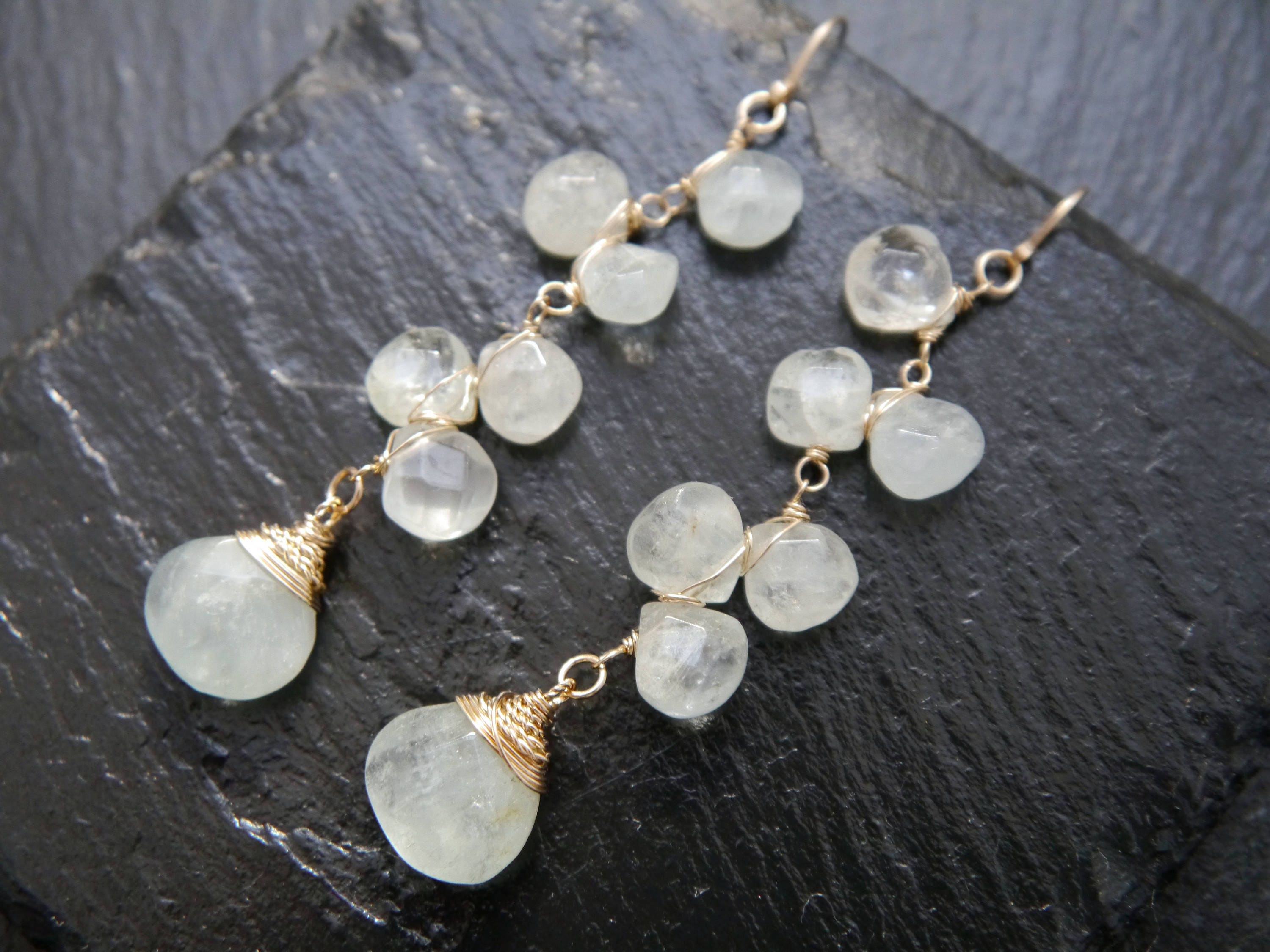 Aquamarine Long Dangle Floral Gemstone Earrings, 14K Gold Filled Garden Wedding