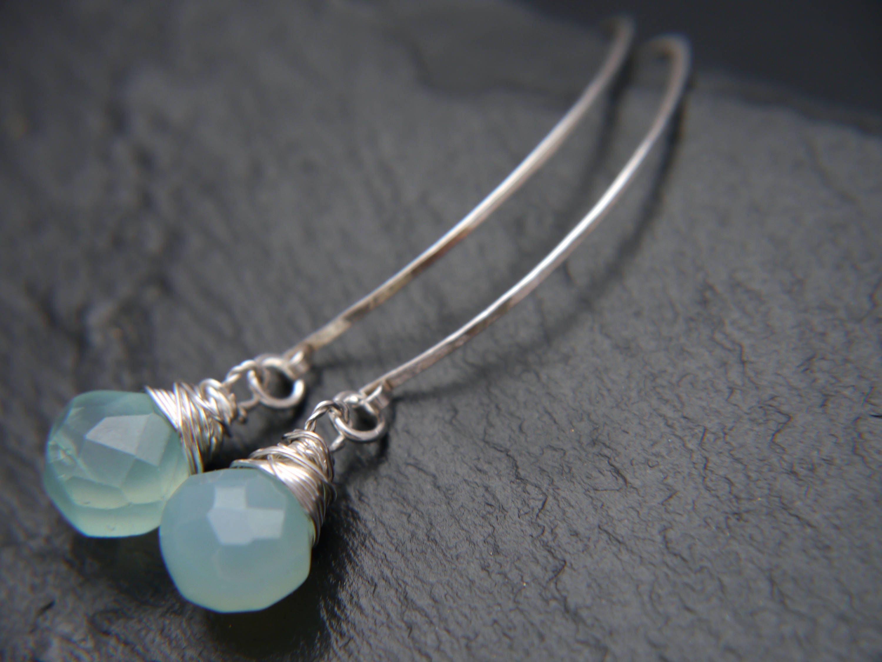 Aqua Chalcedony Briolette Hoop Gemstone Earrings, Sterling Silver
