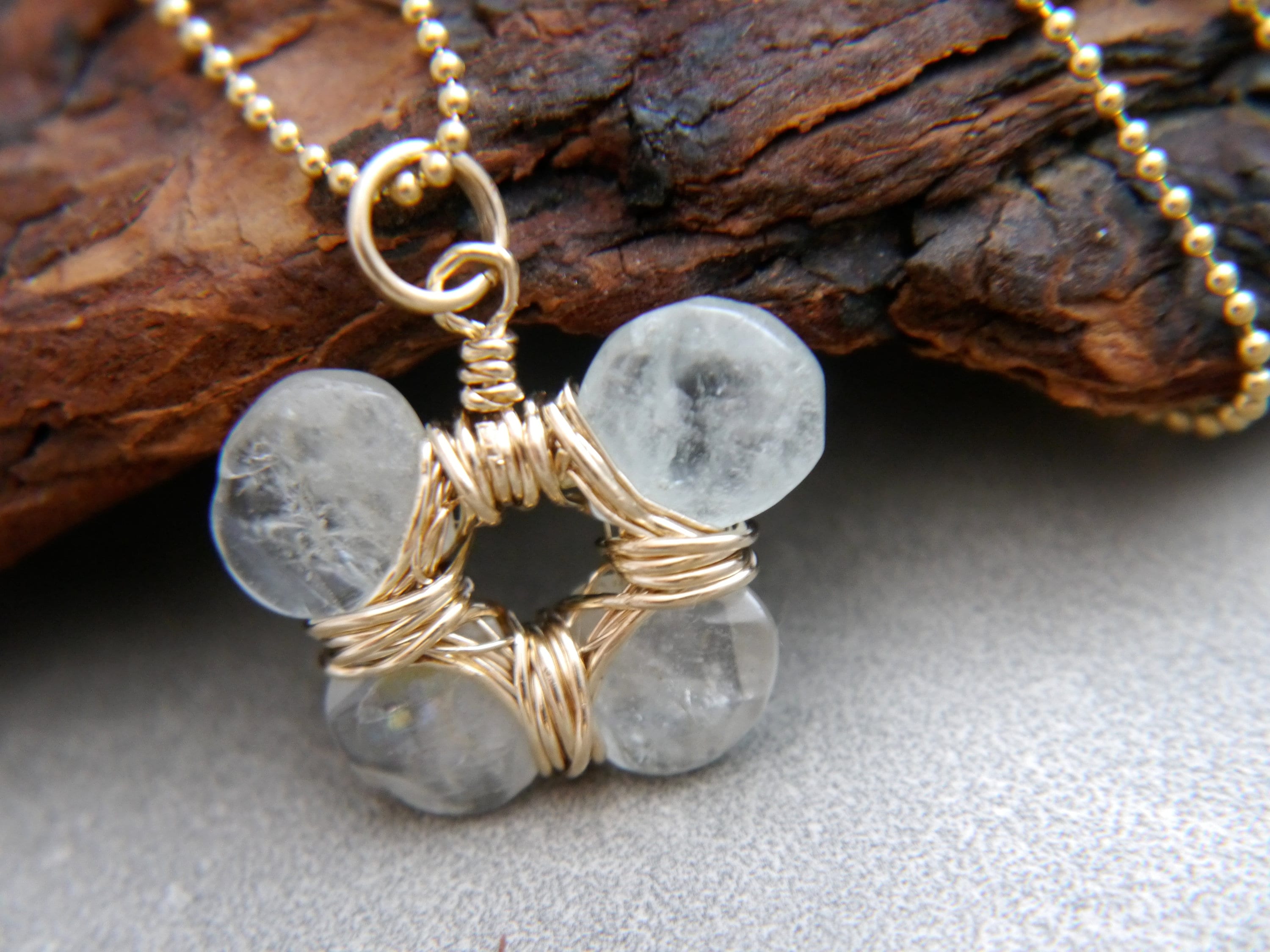 Aquamarine Flower Pendant Gemstone Necklace, 14K Gold Filled Bohemian Bride