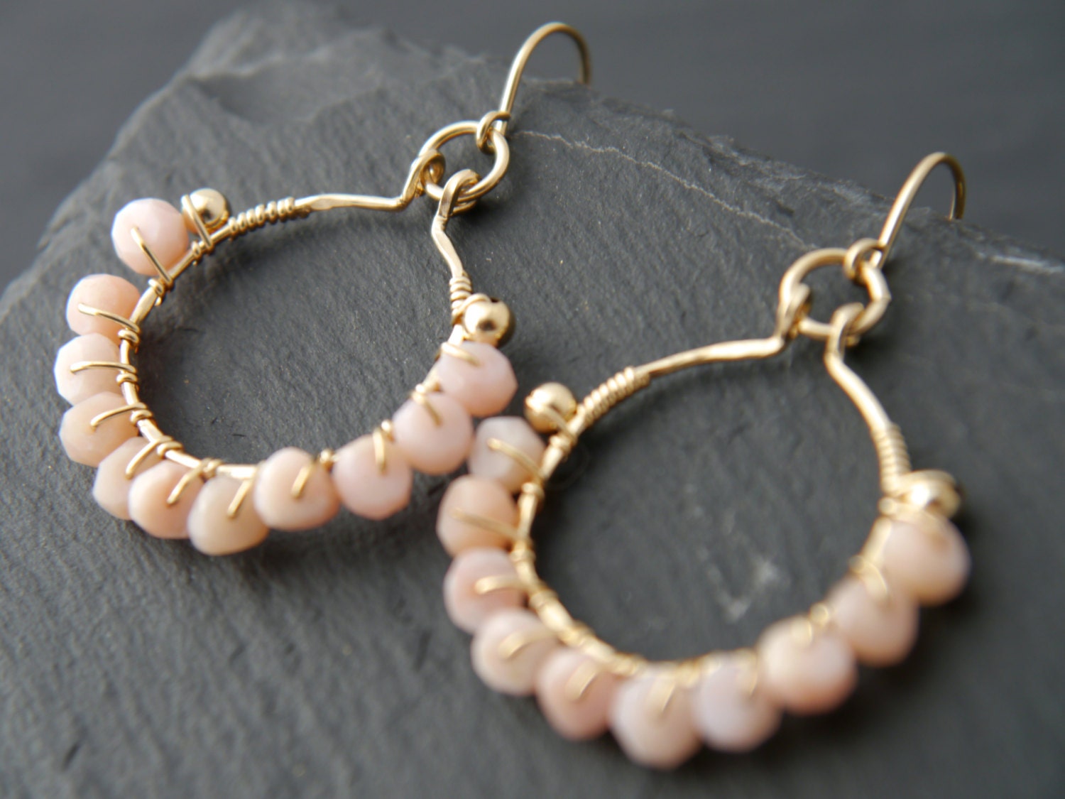 Pink Opal Floral Hoop Gemstone Earrings, 14K Gold Filled Spring Wedding