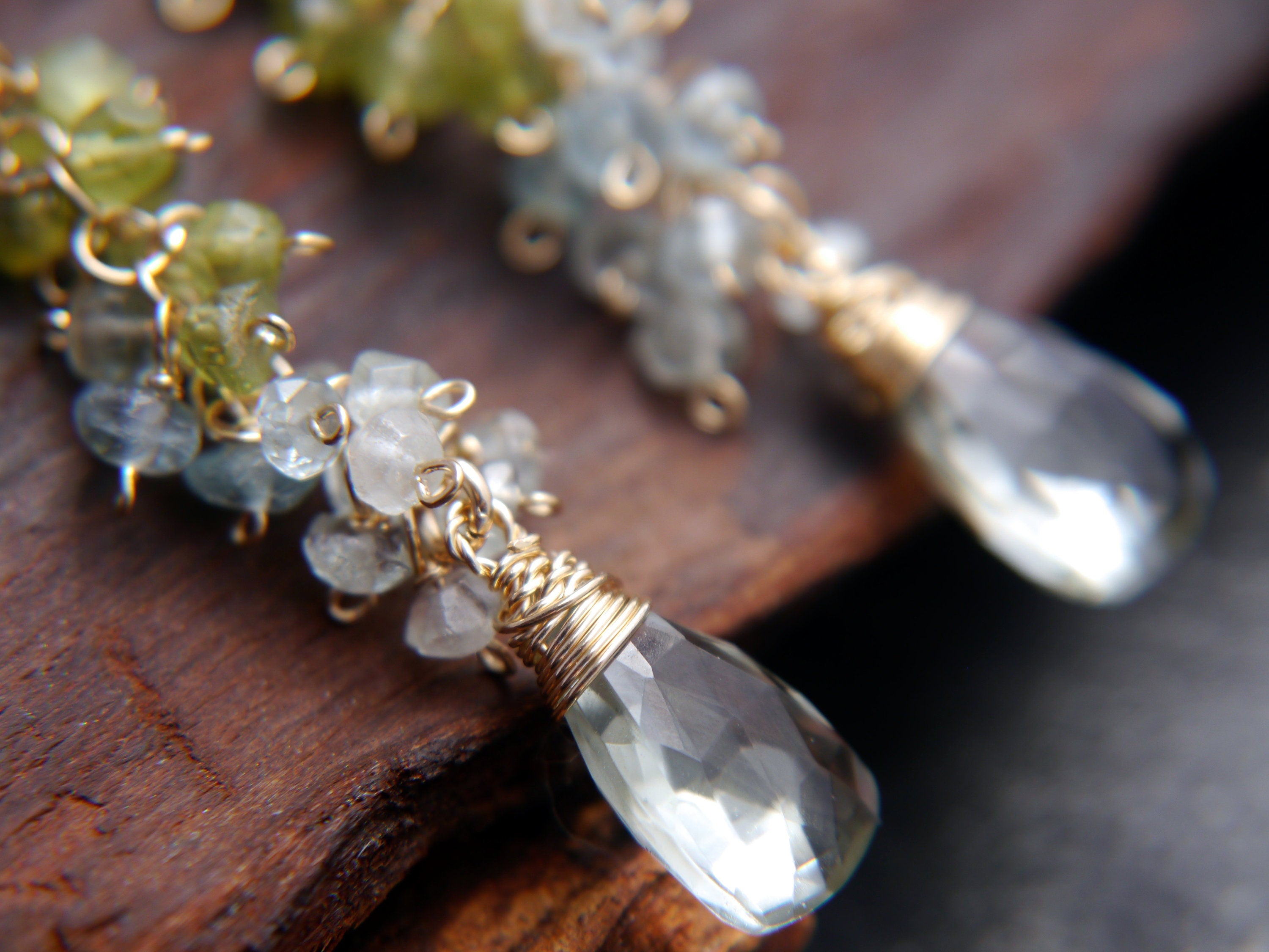 Peridot Aquamarine Cluster Chandelier Earrings, 14K Gold Filled Long Floral Dangle, Bohemian Jewelry