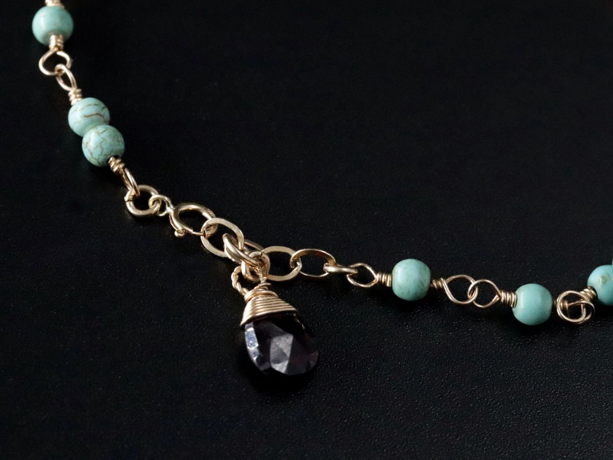 Turquoise Magnesite Garnet Gemstone Bracelet, 14K Gold Filled Rosary Chain Boho Style