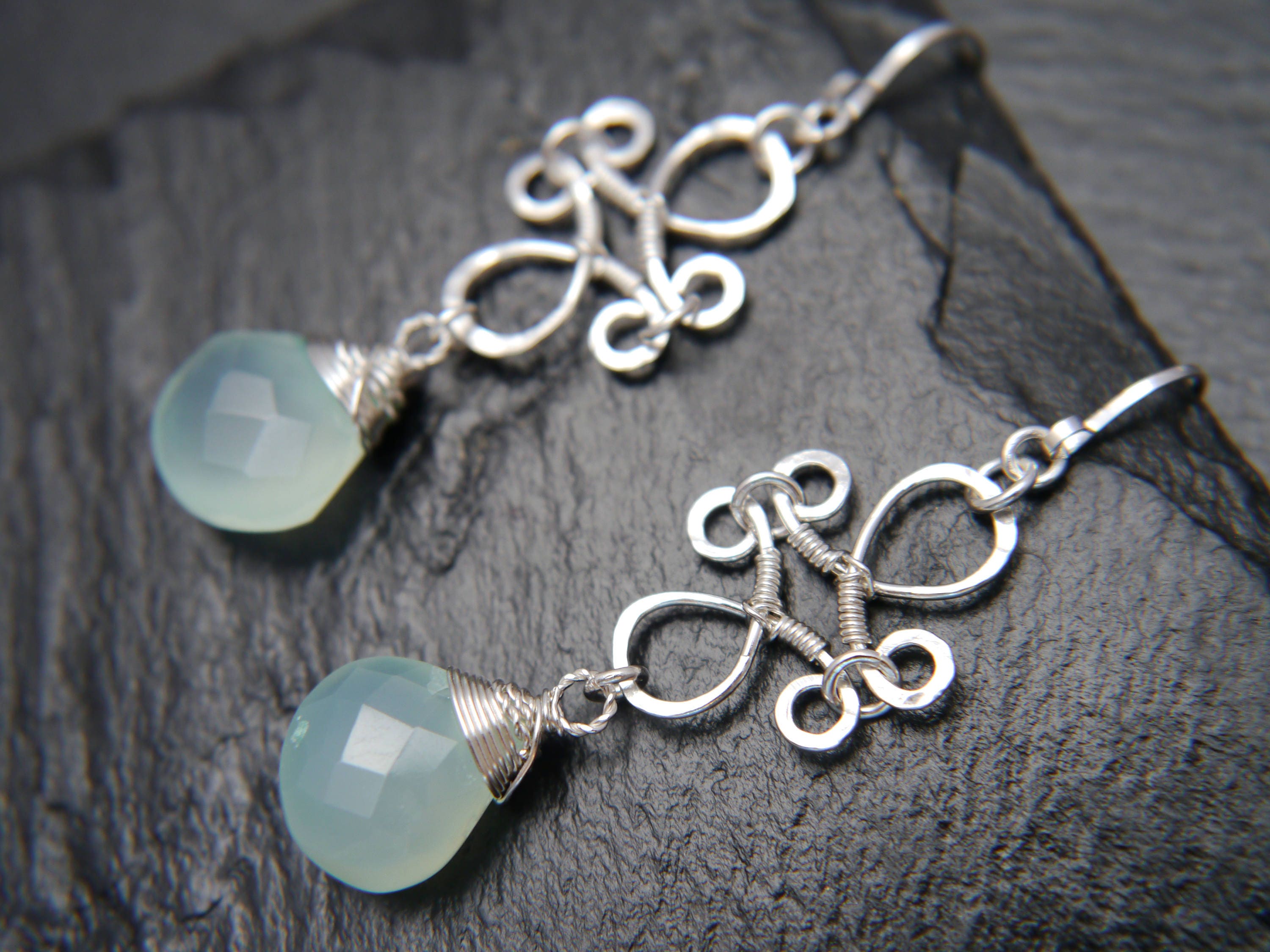 Aqua Chalcedony Heart Briolette Chandelier Gemstone Earrings, Sterling Silver