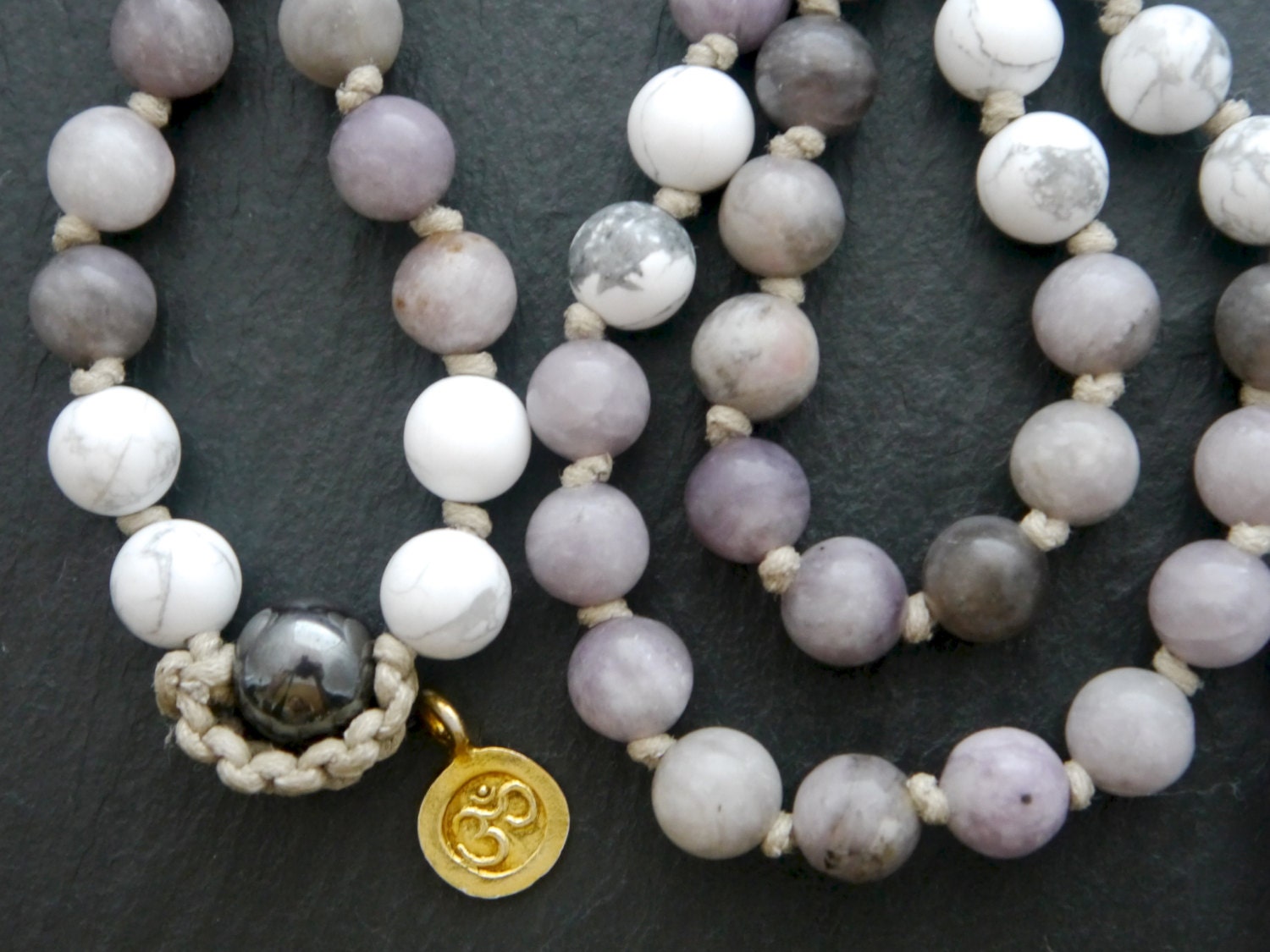White Howlite Lilac Stone Mala Beads, 108 Gemstone Beads, Wrap, Hand Knotted