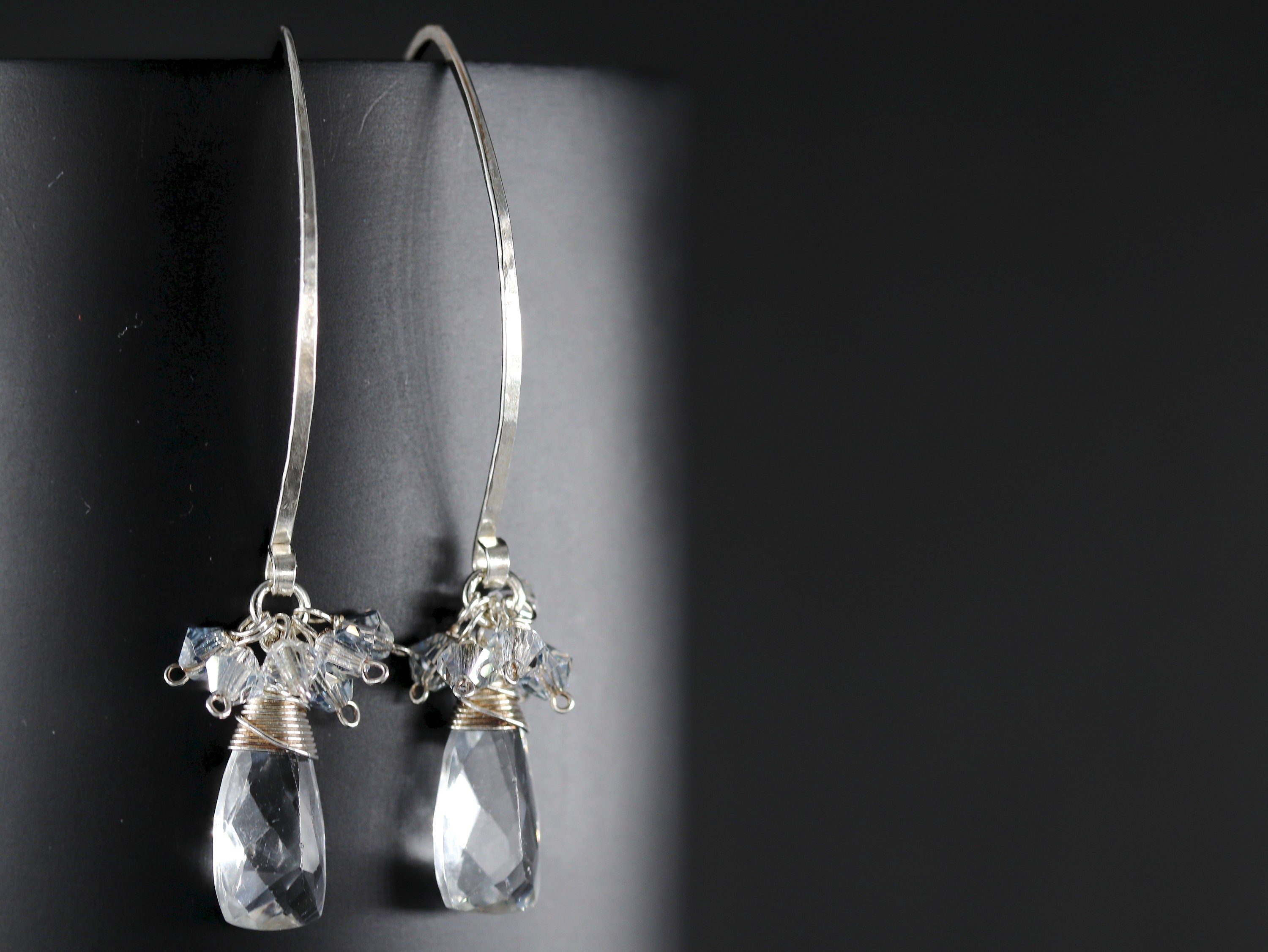 Quartz Crystal Long Hoop Gemstone Earrings, Sterling Silver, Classic Wedding