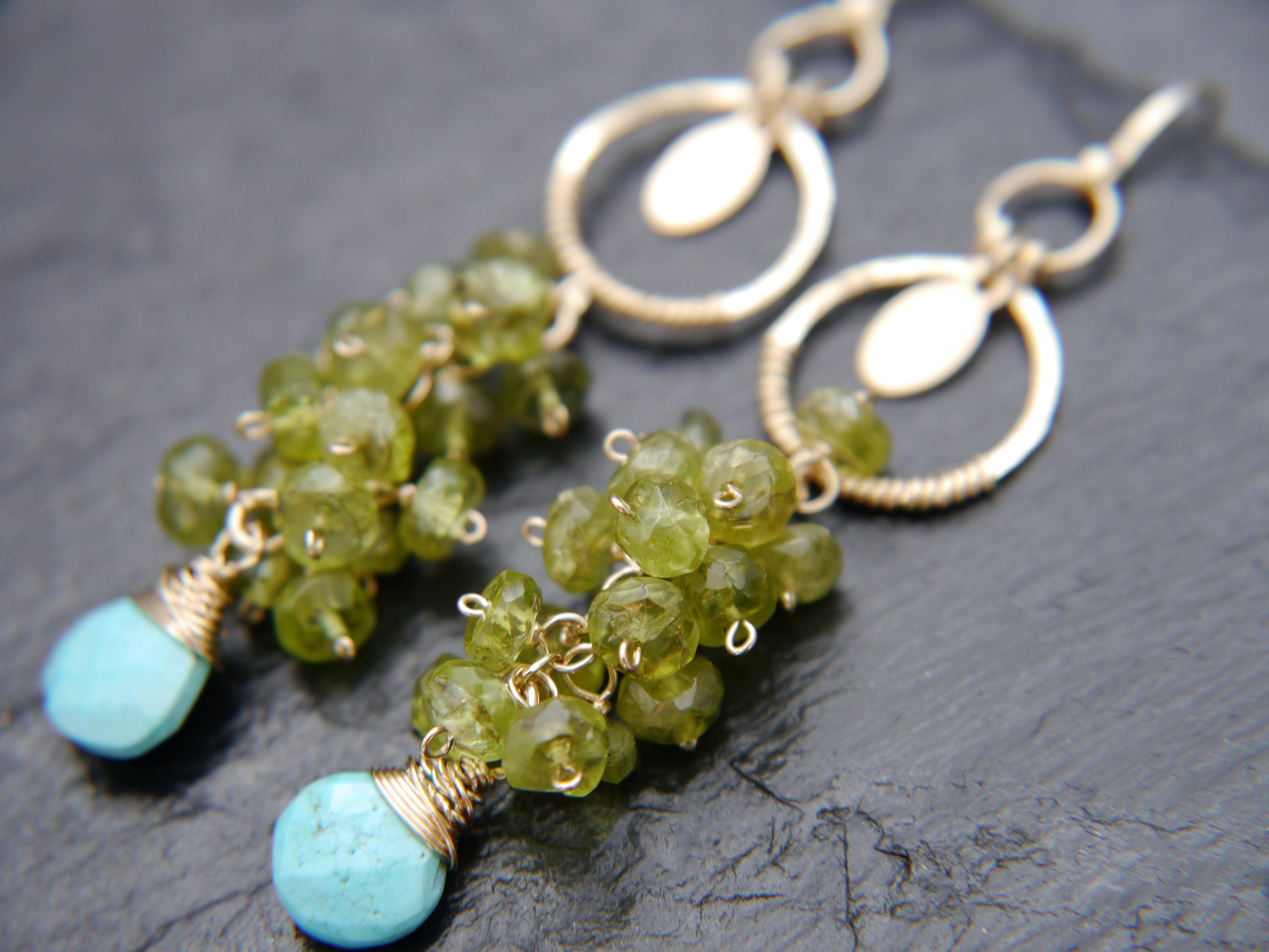 Turquoise Peridot Floral Cluster Long Dangle Gemstone Earrings, 14K Gold Filled