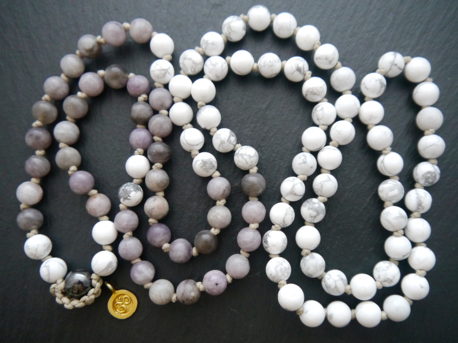 White Howlite Lilac Stone Mala Beads, 108 Gemstone Beads, Wrap, Hand Knotted