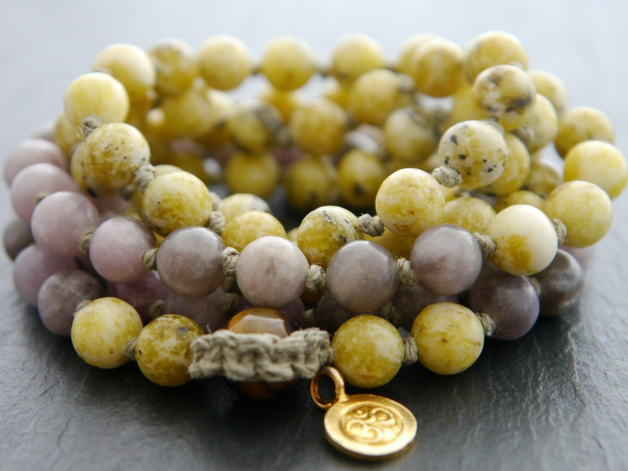 Yellow Turquoise Lilac Stone 108 Mala Beads, Hand Knotted Wrap