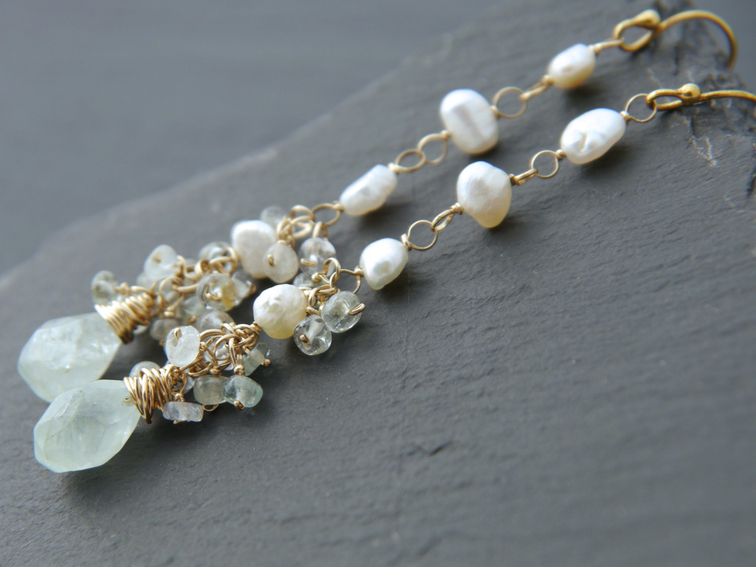Aquamarine Pearl Long Dangle Vine Gemstone Earrings, 14K Gold Filled Bridal Jewelry