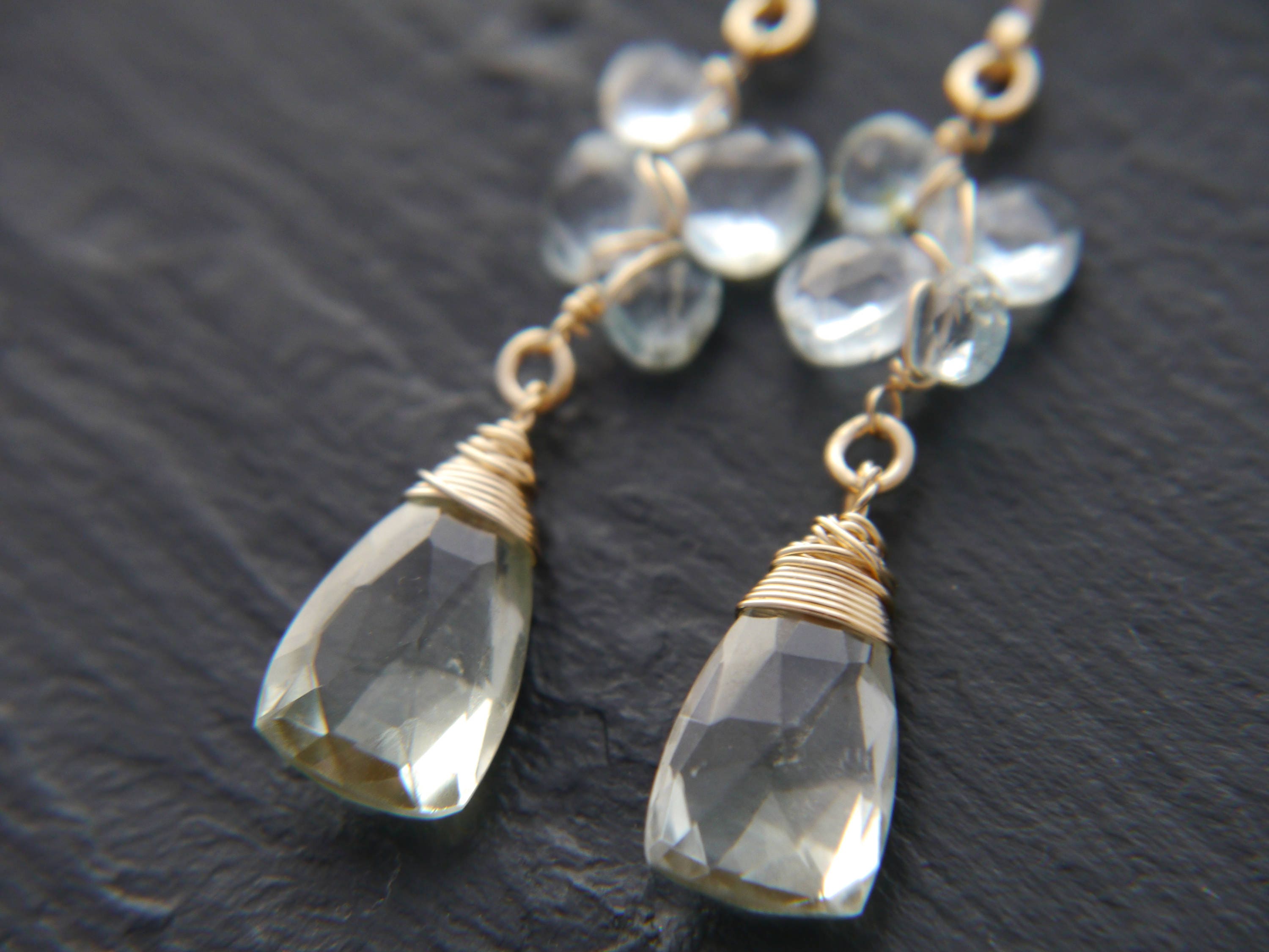 Aquamarine Green Amethyst Long Dangle Trillion Gemstone Earrings, 14K Gold Filled Bridal