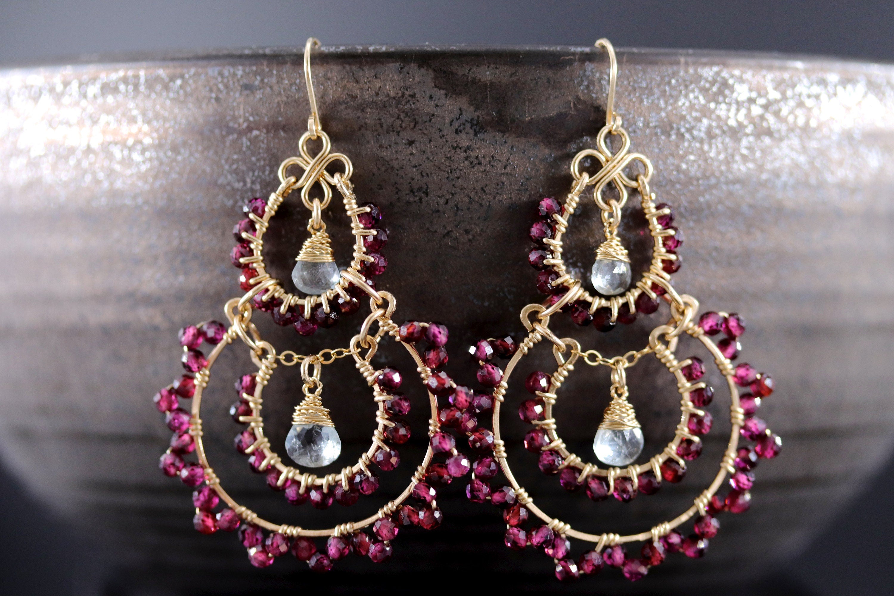 Garnet Aquamarine Fringe Chandelier Earrings, 14K Gold Filled Long Dangle, Heirloom Statement