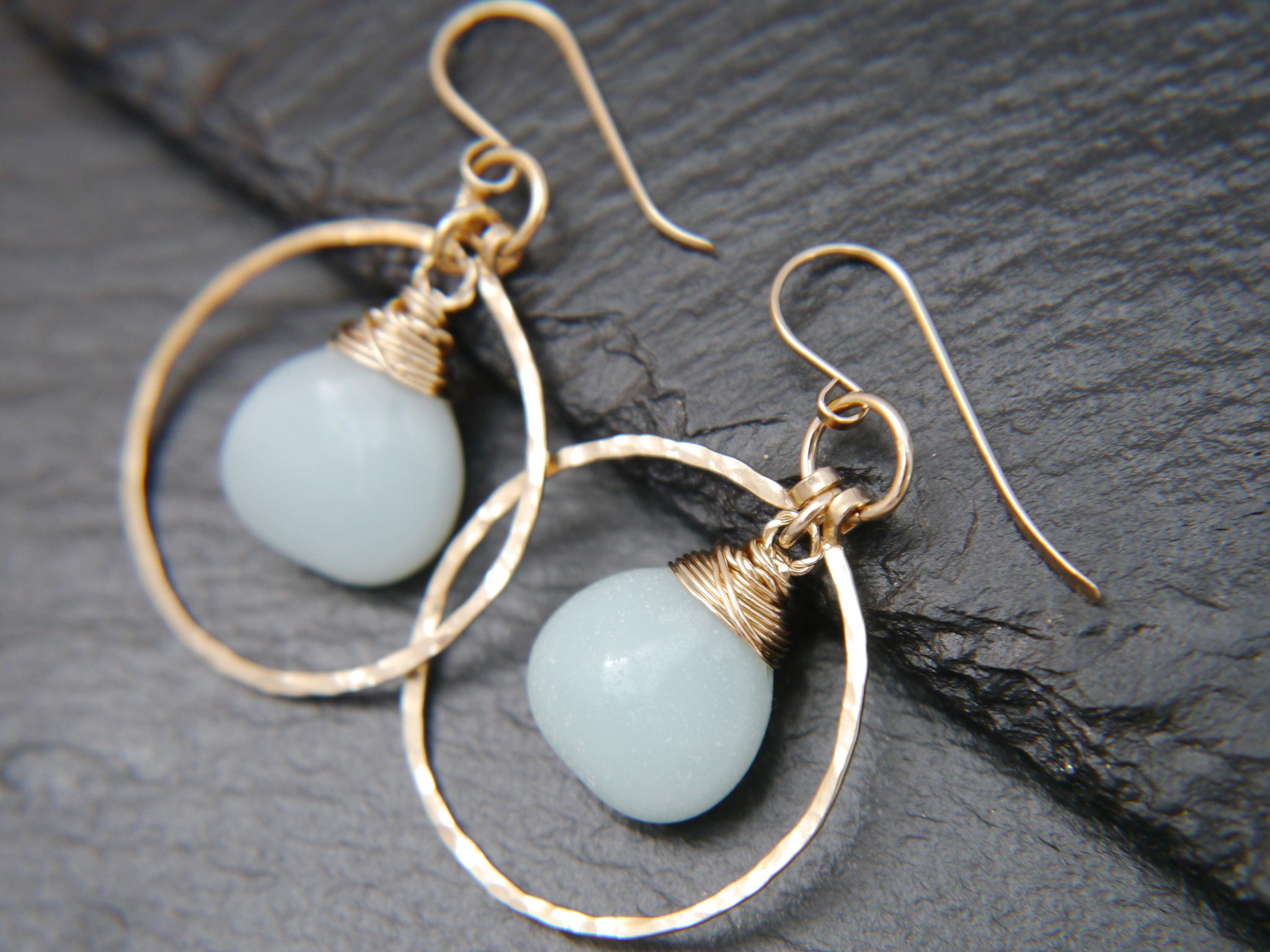 Amazonite Hoop Earrings, 14K Gold Filled Circle Dangle, Everyday Gemstone Jewelry