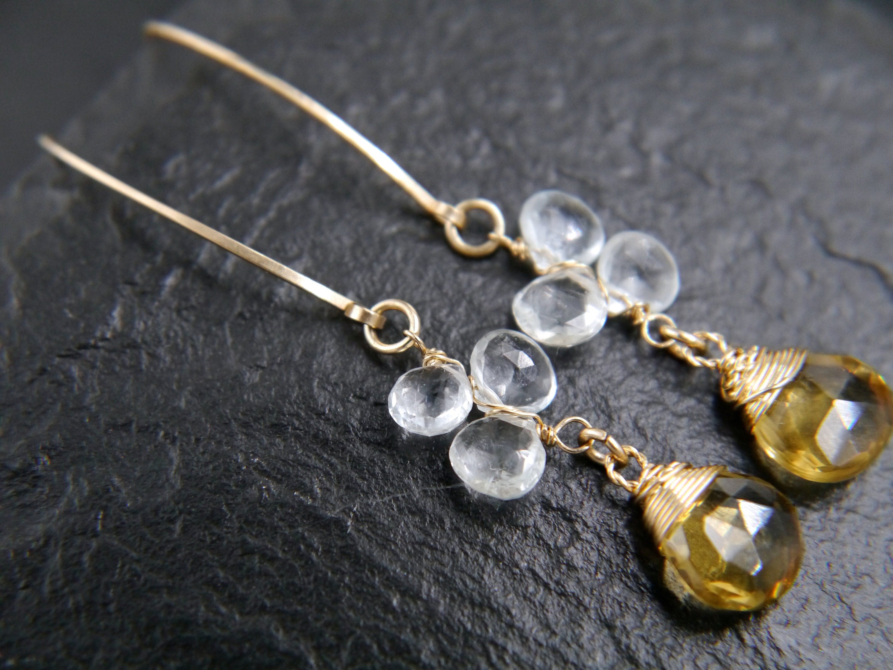 Aquamarine Citrine Floral Hoop Gemstone Earrings, 14K Gold Filled Bohemian Chic