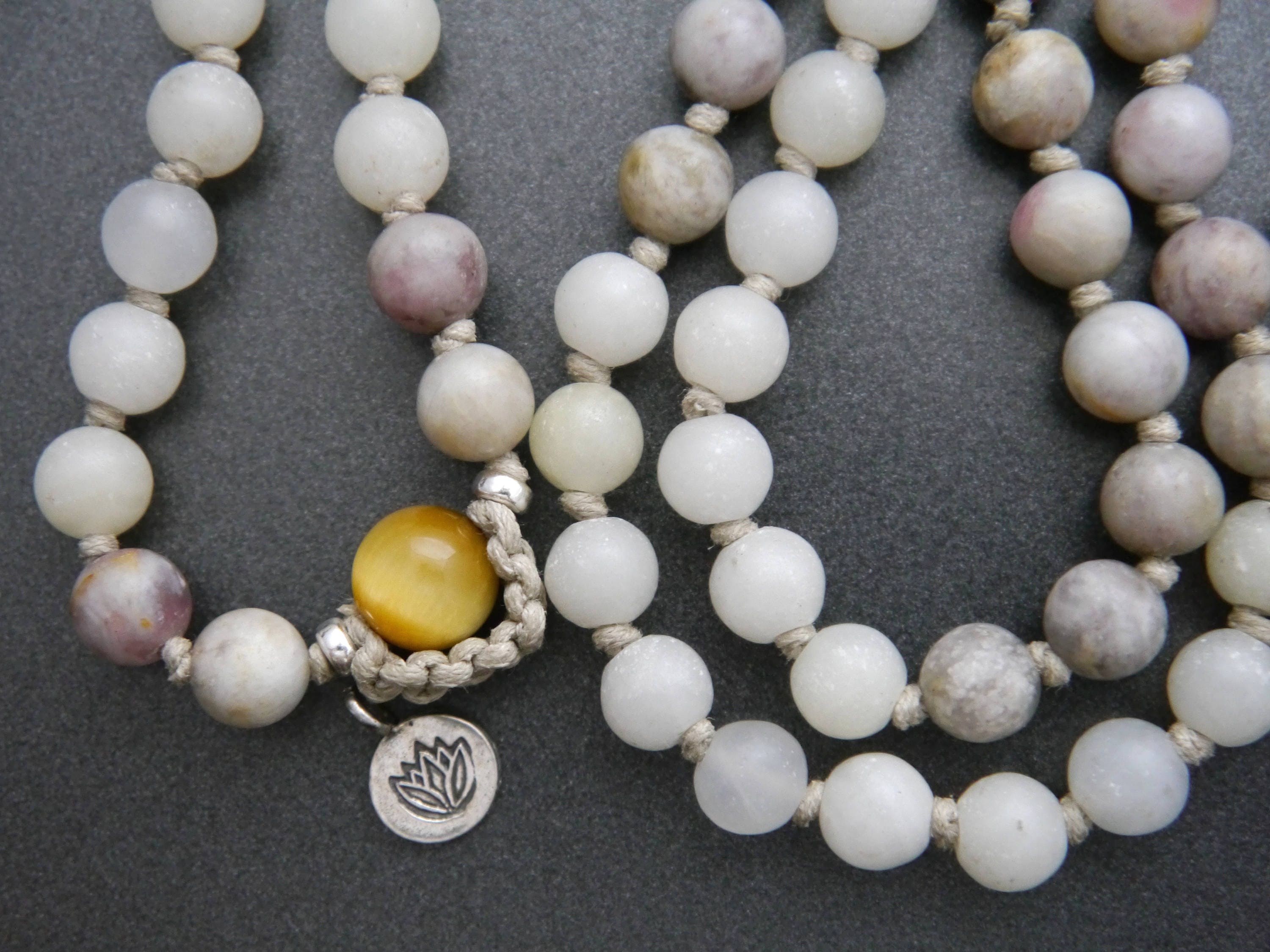 Lilac Stone, Snow Quartz, Tiger's Eye 108 Bead Mala, Hand-Knotted Meditation