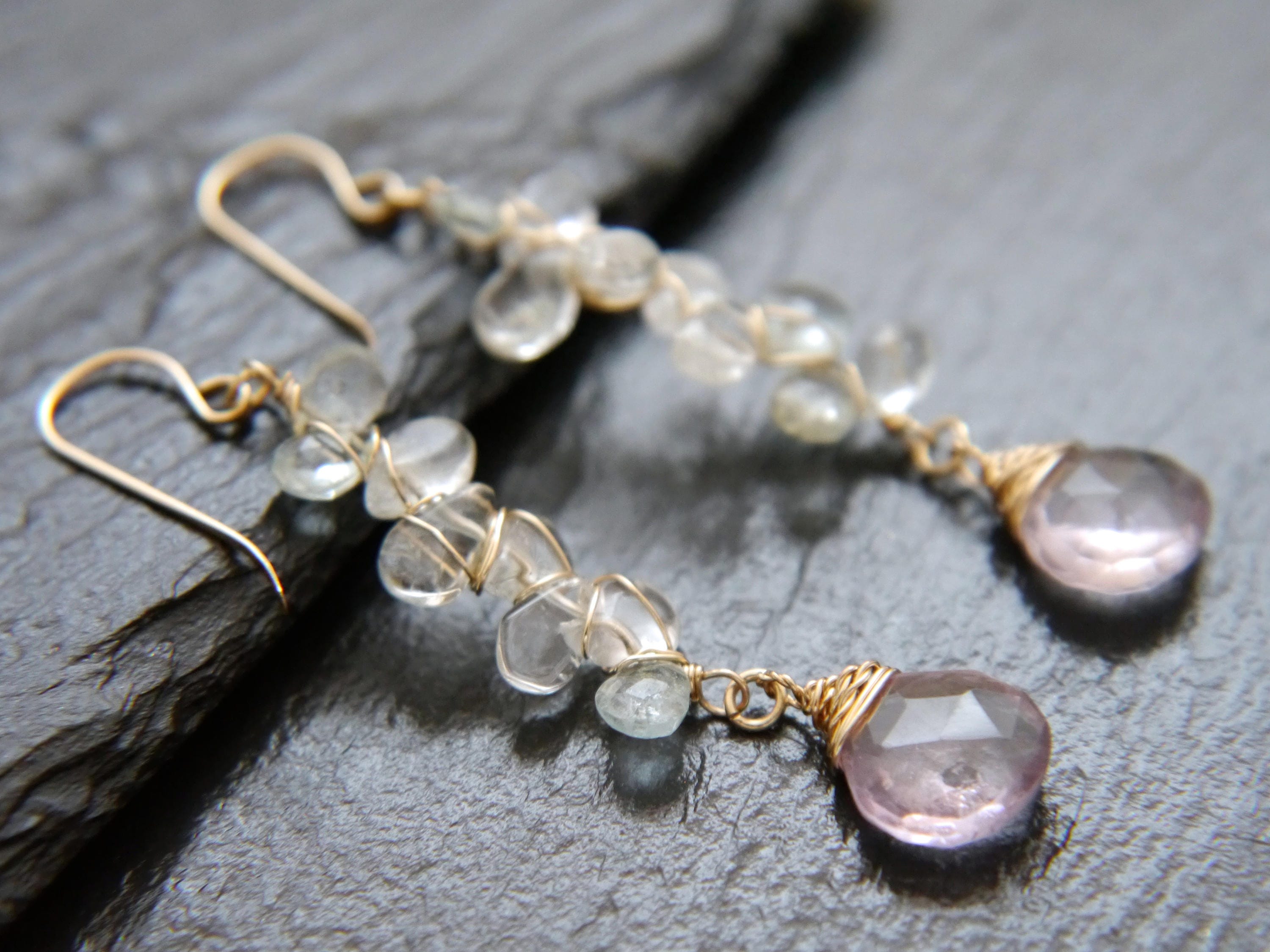 Aquamarine Amethyst Long Dangle Floral Gemstone Earrings, 14K Gold Filled Wedding