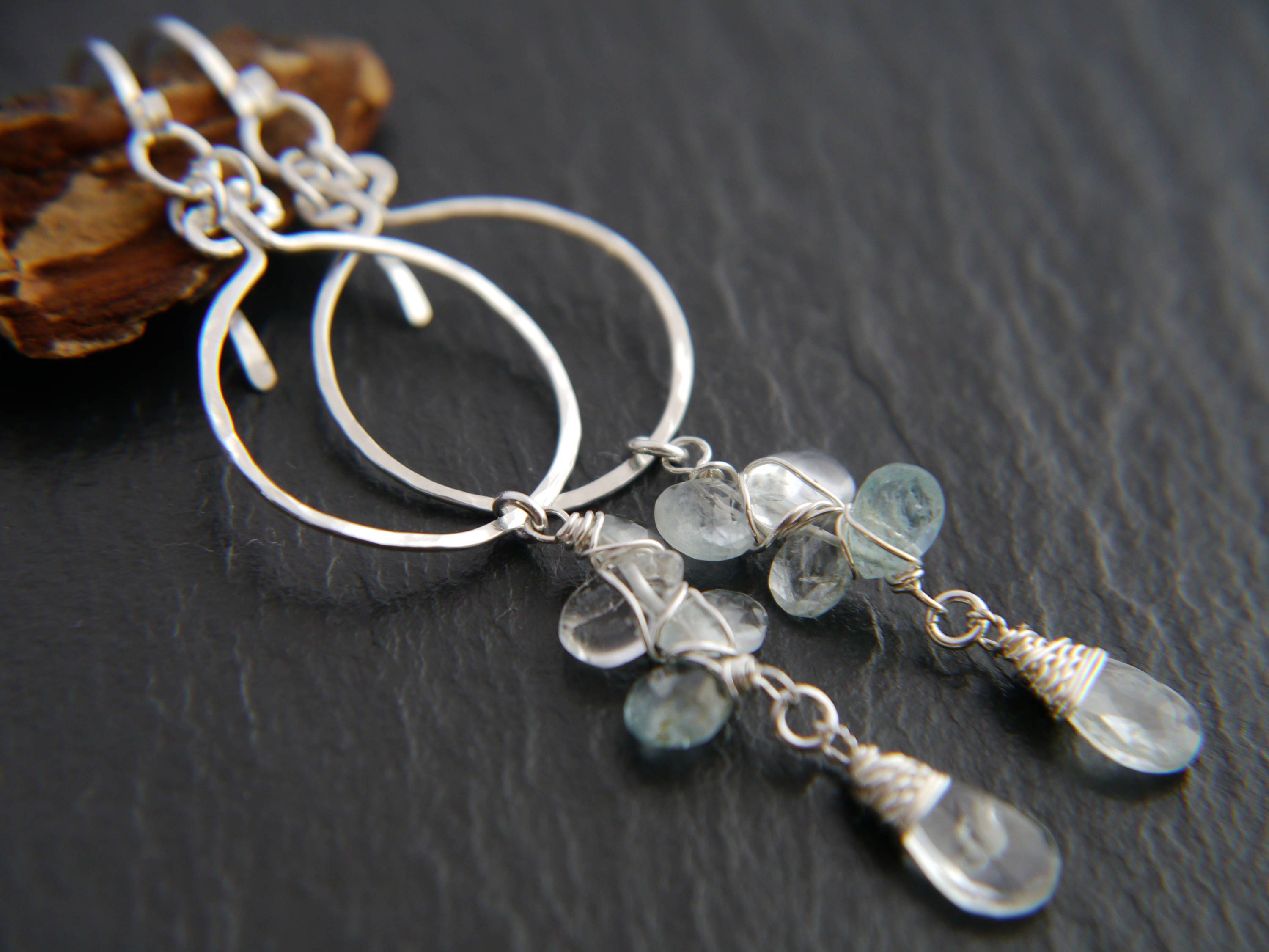 Aquamarine Quartz Long Dangle Gemstone Earrings, Sterling Silver Hoops