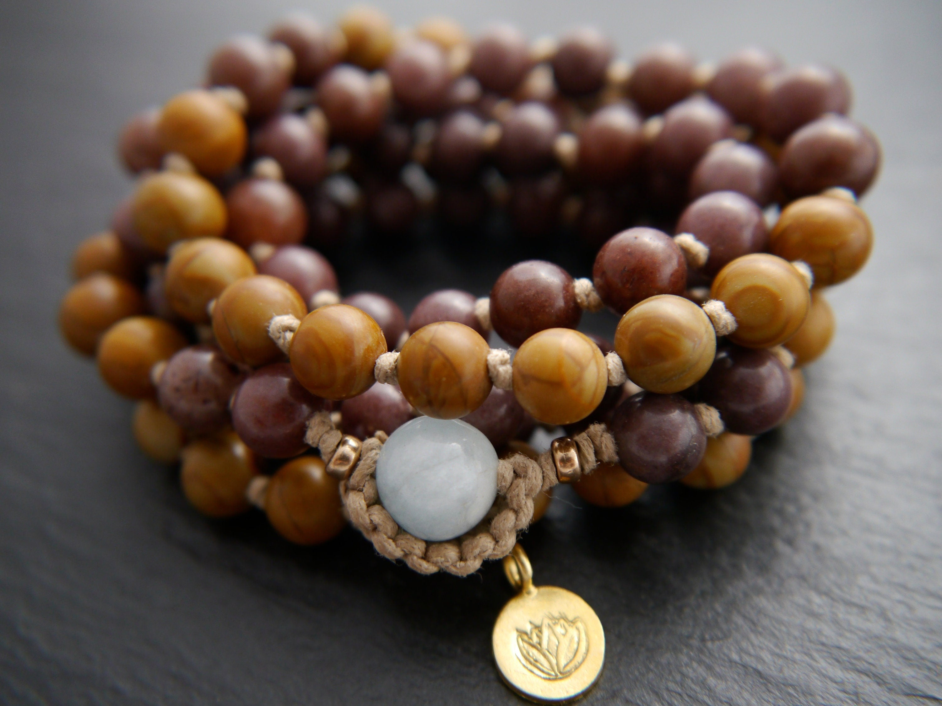 Brown Tigerskin Jasper Purple Aventurine Mala Beads, 108 Gemstone , Hand Knotted