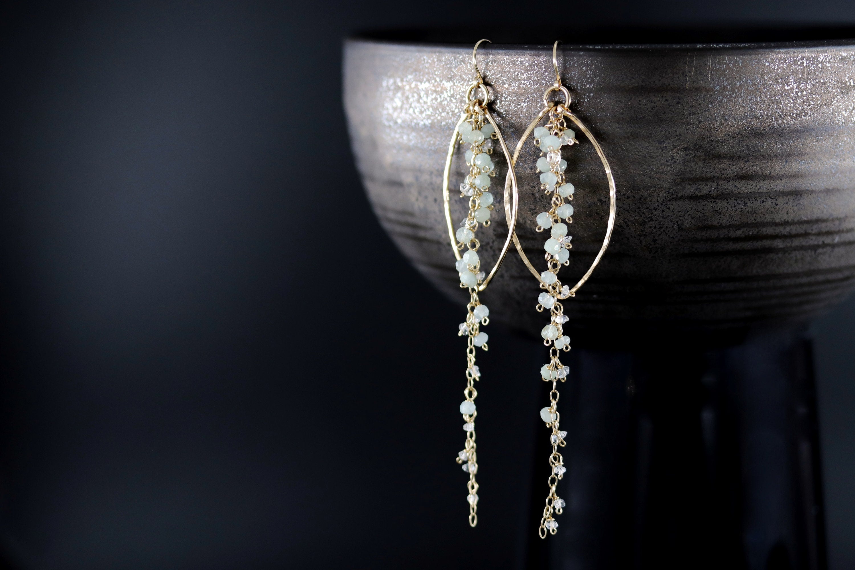 Aquamarine Fringe Chandelier Earrings, 14K Gold Filled Boho Dangle, Wedding Jewelry