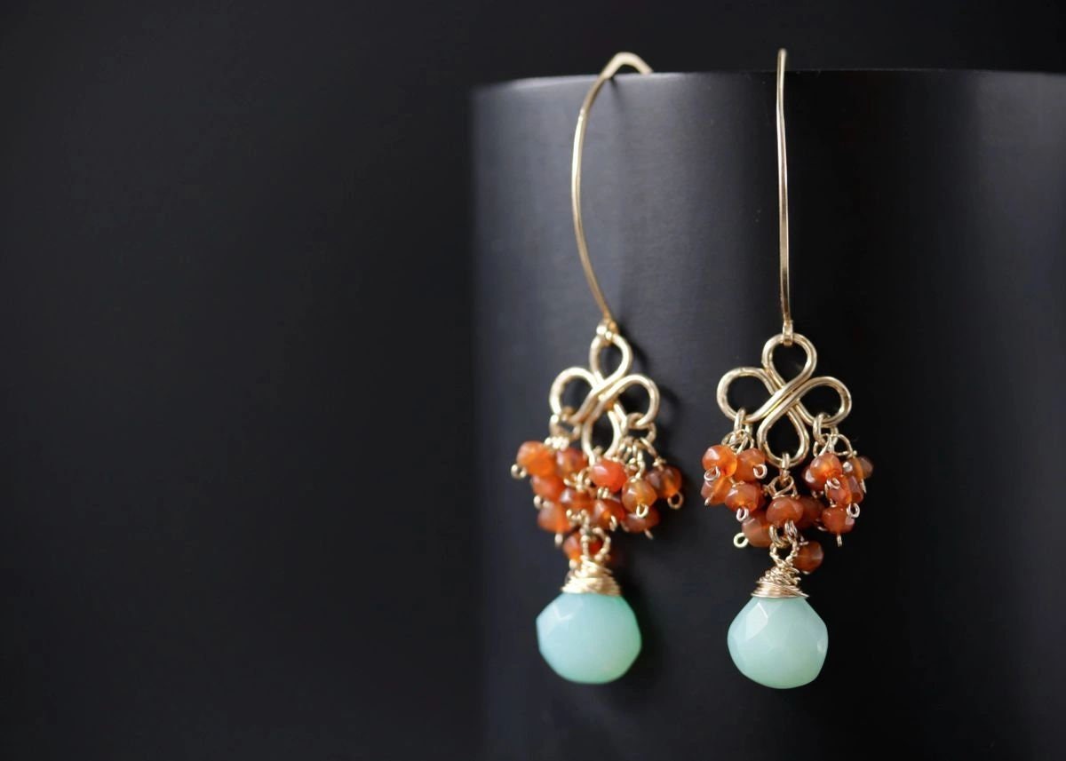Aqua Chalcedony Carnelian Cluster Earrings, 14K Gold Filled Briolette Dangle, Artisan Jewelry