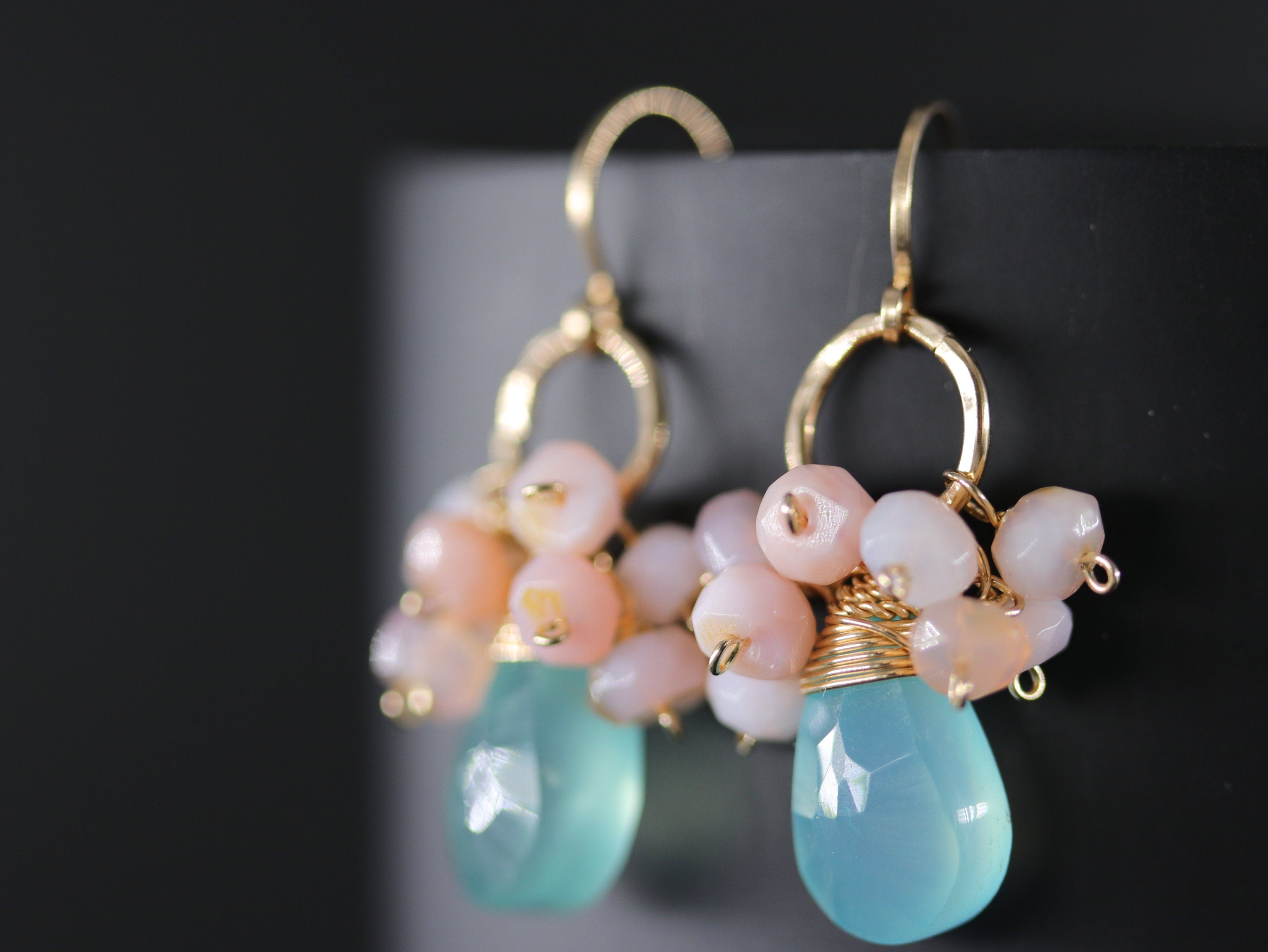 Aqua Chalcedony Briolette Pink Opal Cluster Gemstone Earrings, 14K Gold Filled Botanical Style