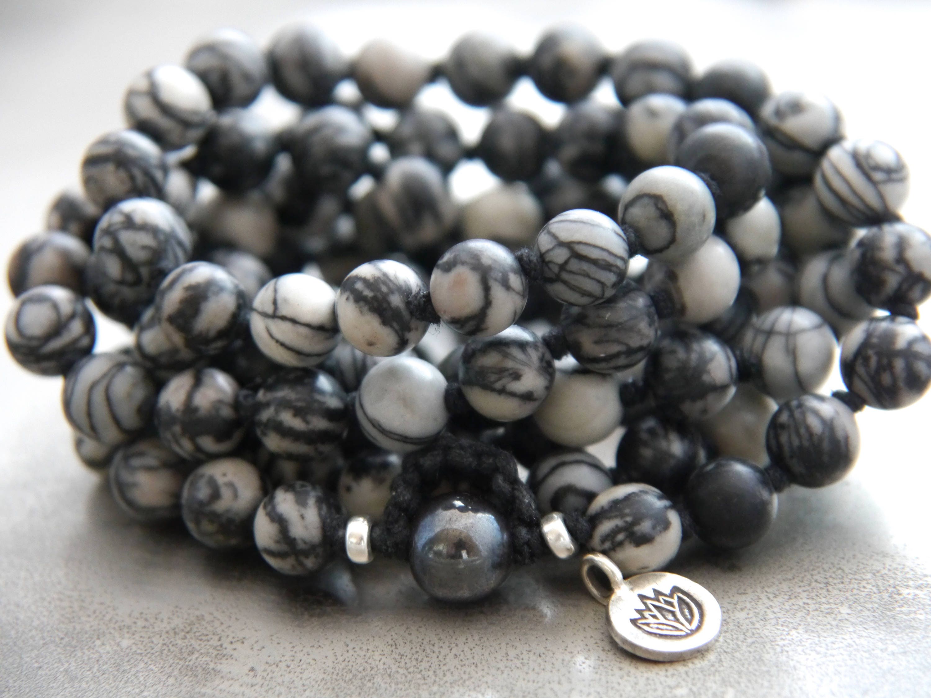 Black Silkstone Hematite 108 Mala Bead , Wrap, Hand Knotted Tibetan Prayer Beads