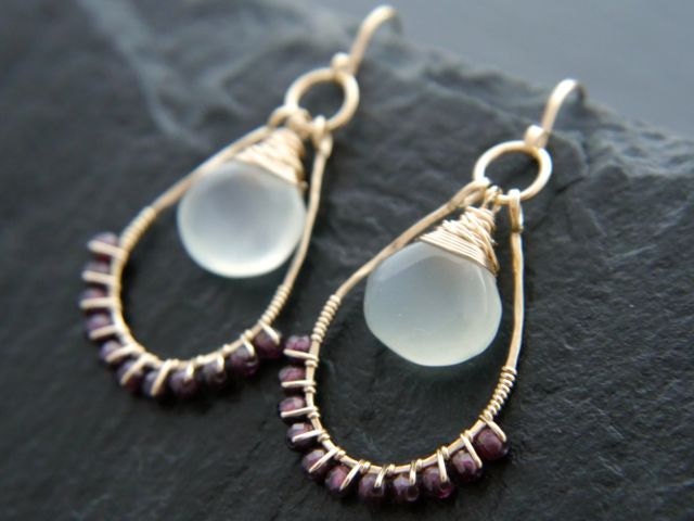 Garnet Aqua Chalcedony Briolette Teardrop Gemstone Earrings, 14K Gold Filled