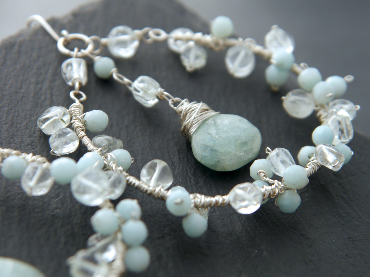 Aquamarine Amazonite Floral Chandelier Hoop Gemstone Earrings, Sterling Silver