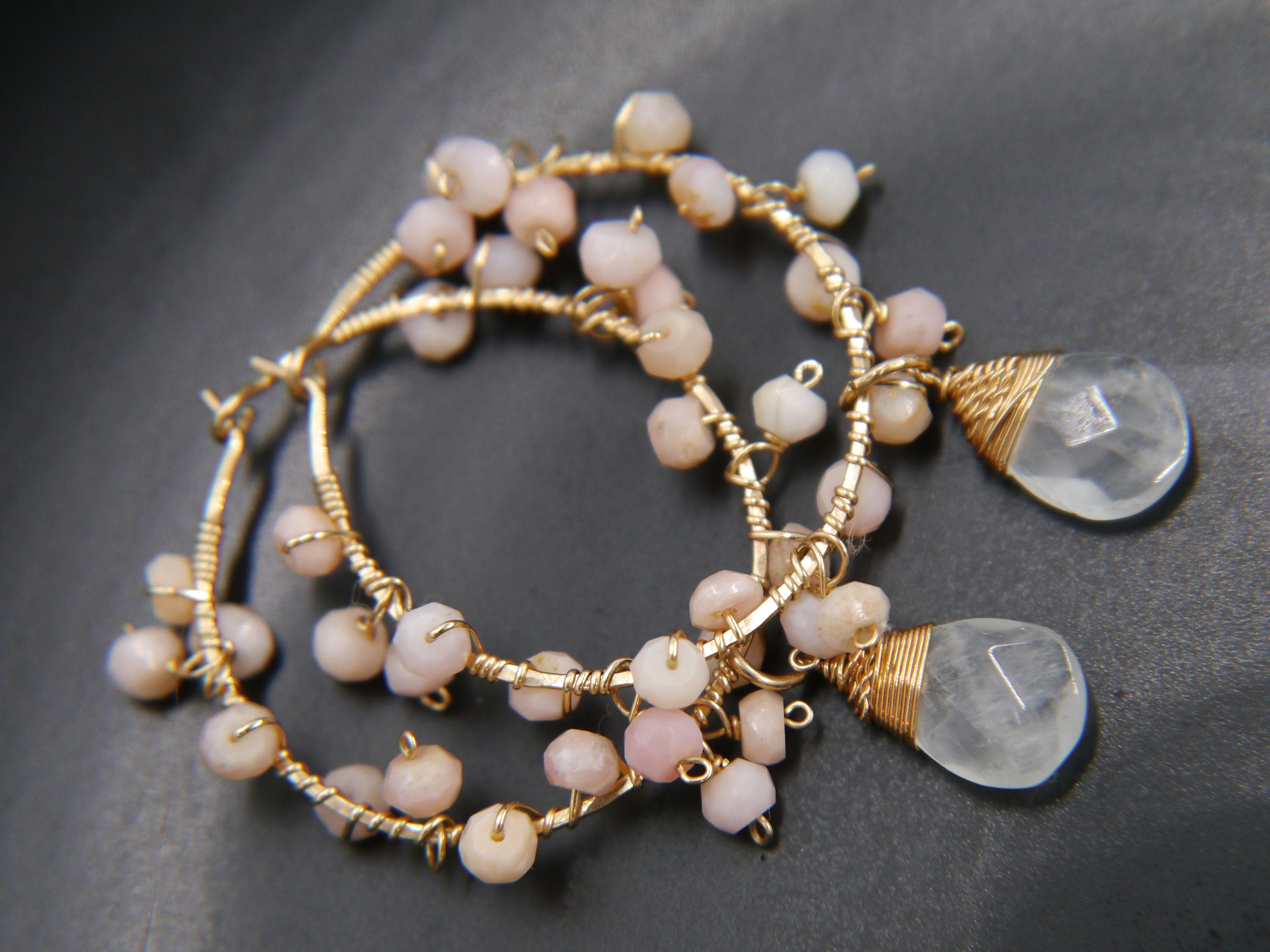 Aquamarine Pink Opal Floral Hoop Gemstone Earrings, 14K Gold Filled Bridal