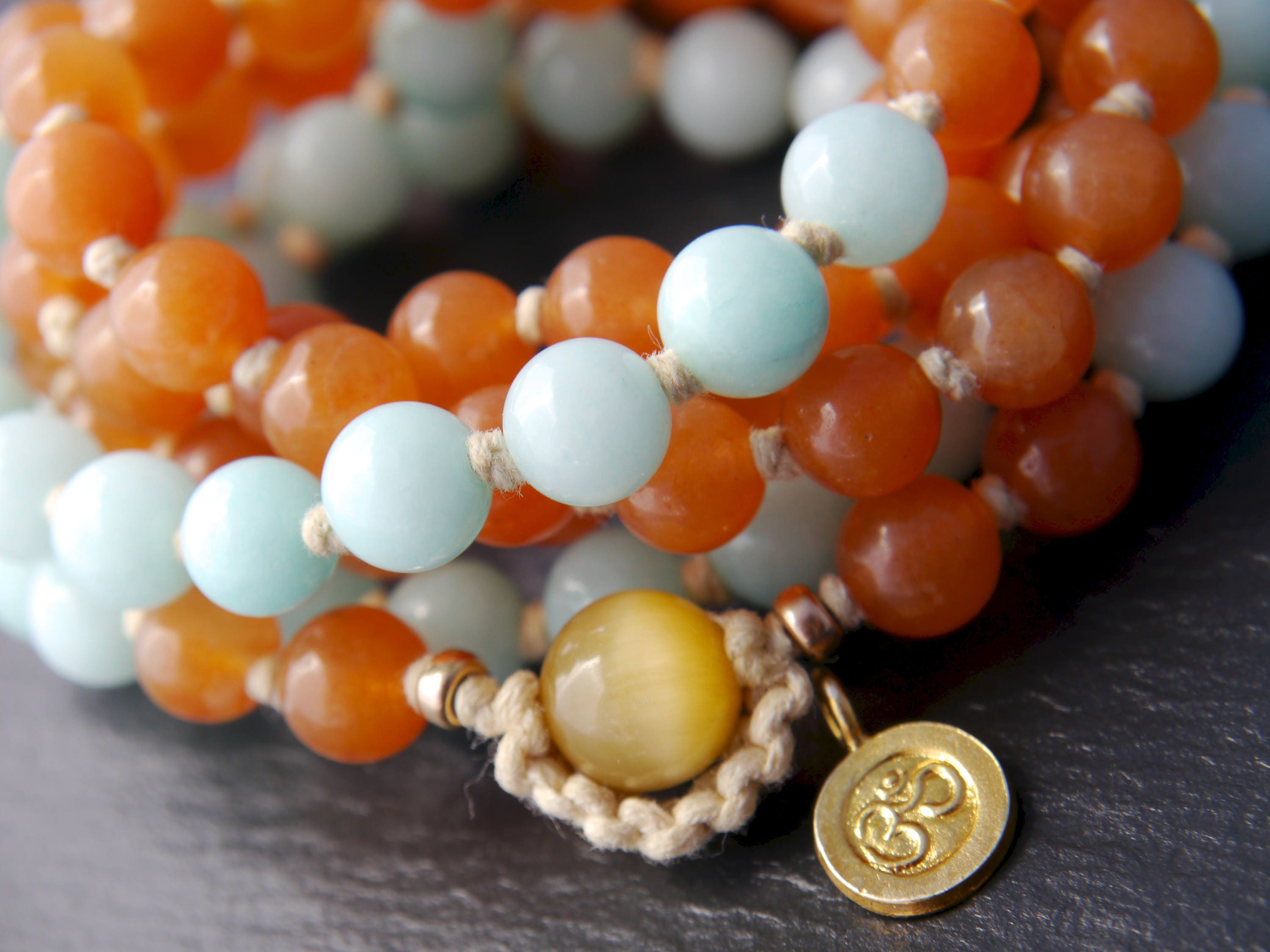 Red Aventurine Amazonite 108 Mala Bead , Wrap, Hand Knotted Tibetan Prayer Beads