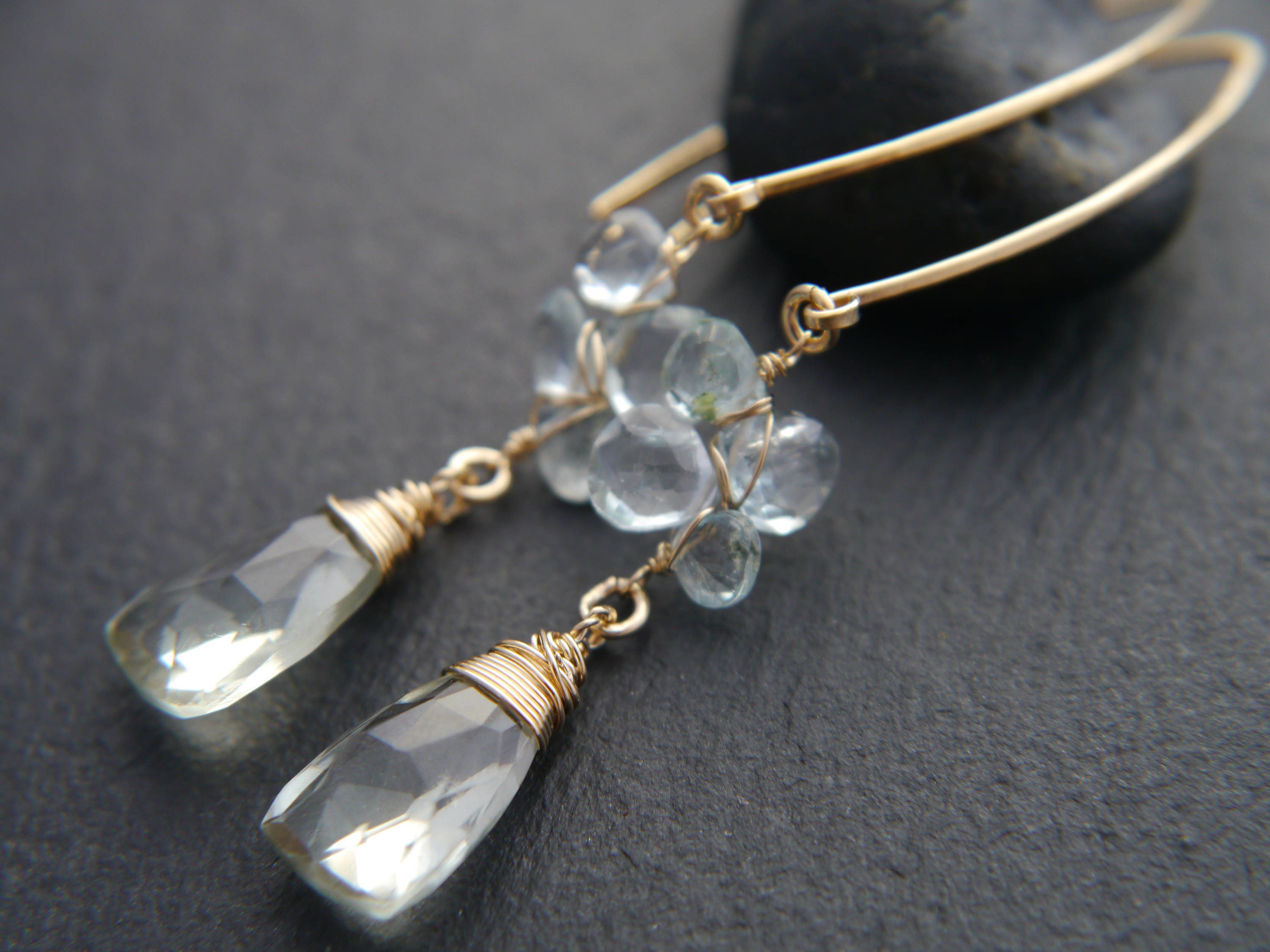 Aquamarine Green Amethyst Long Dangle Trillion Gemstone Earrings, 14K Gold Filled Bridal