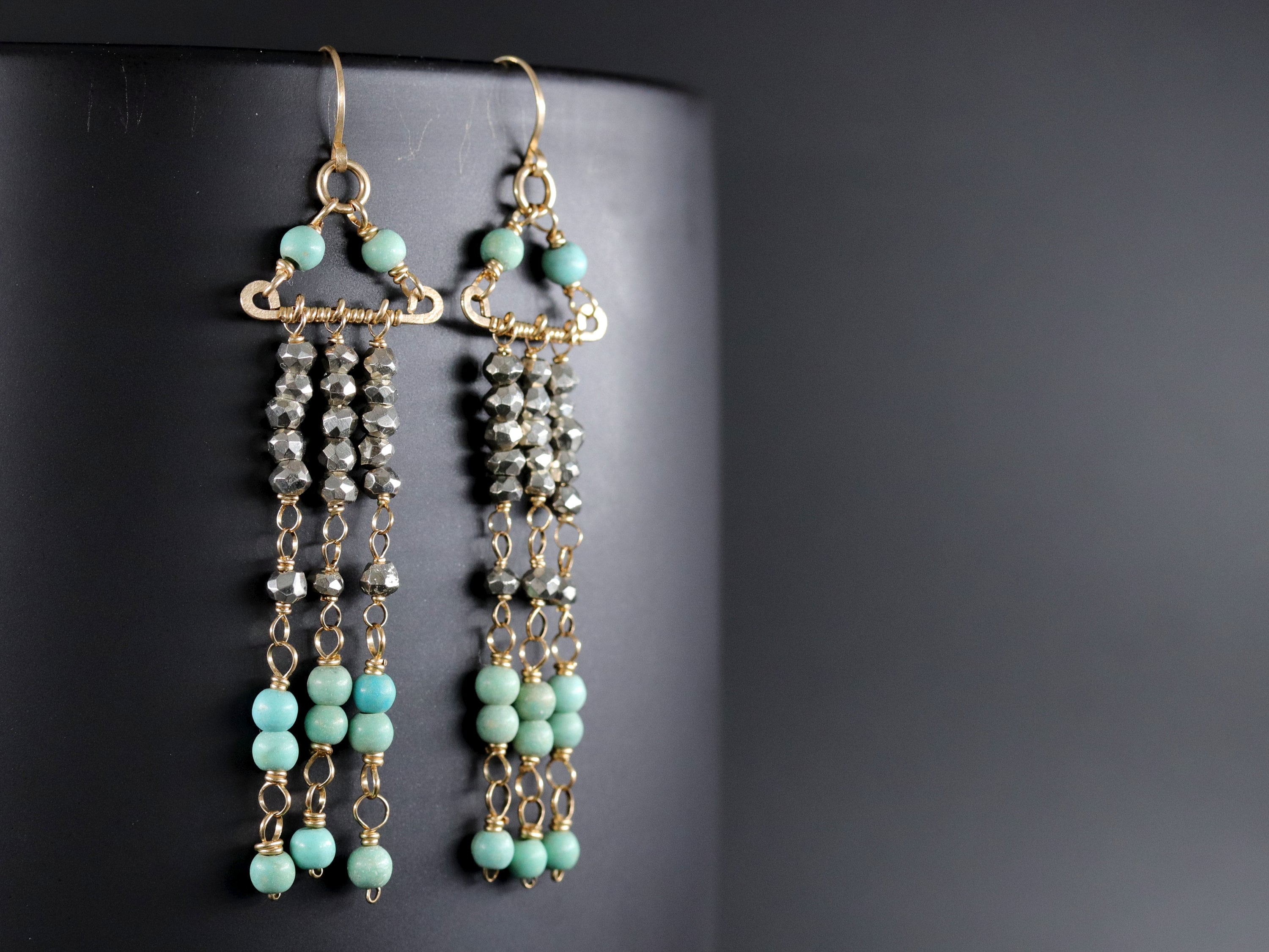 Turquoise Magnesite Pyrite Chandelier Gemstone Earrings, 14K Gold Filled