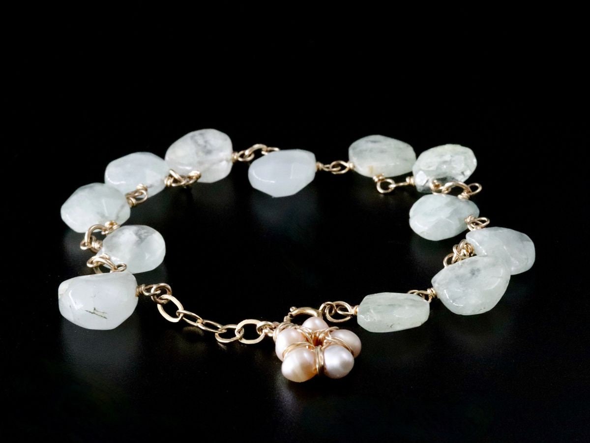 14K Gold Filled Aquamarine Pearl Floral Gemstone Bracelet, March Birthstone Bridal Jewelry