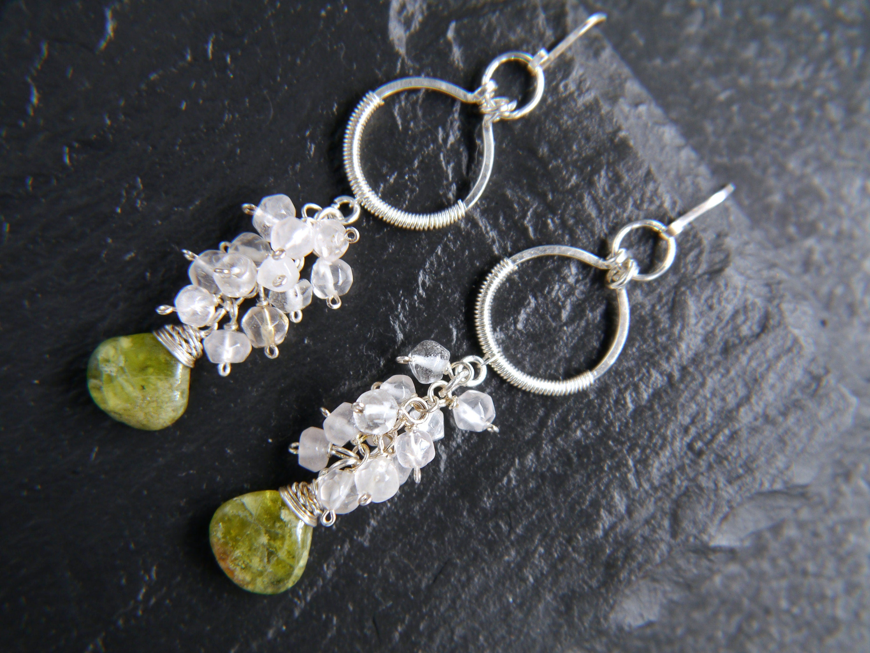 Green Vesuvianite Rose Quartz Gemstone Earrings, Sterling Silver Bohemian Style