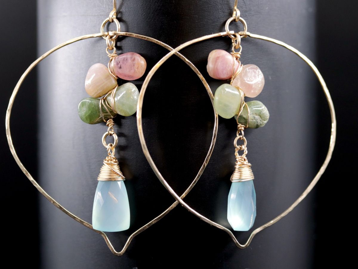 Aqua Chalcedony Tourmaline Floral Chandelier Gemstone Earrings, 14K Gold Filled