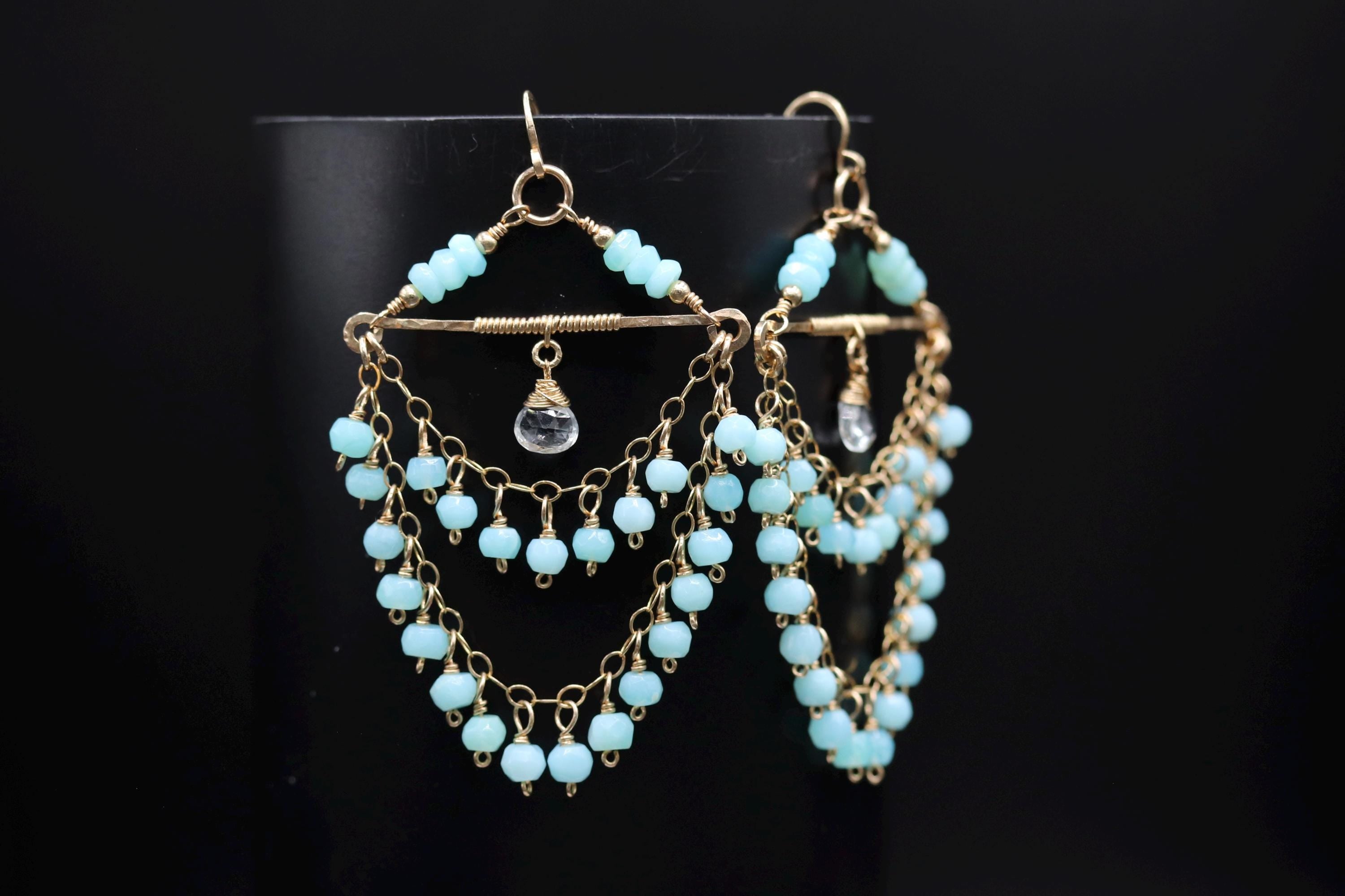 Peruvian Blue Opal Tiered Fringe Chandelier Earrings, 14K Gold Filled Statement Bohemian Wedding Jewelry