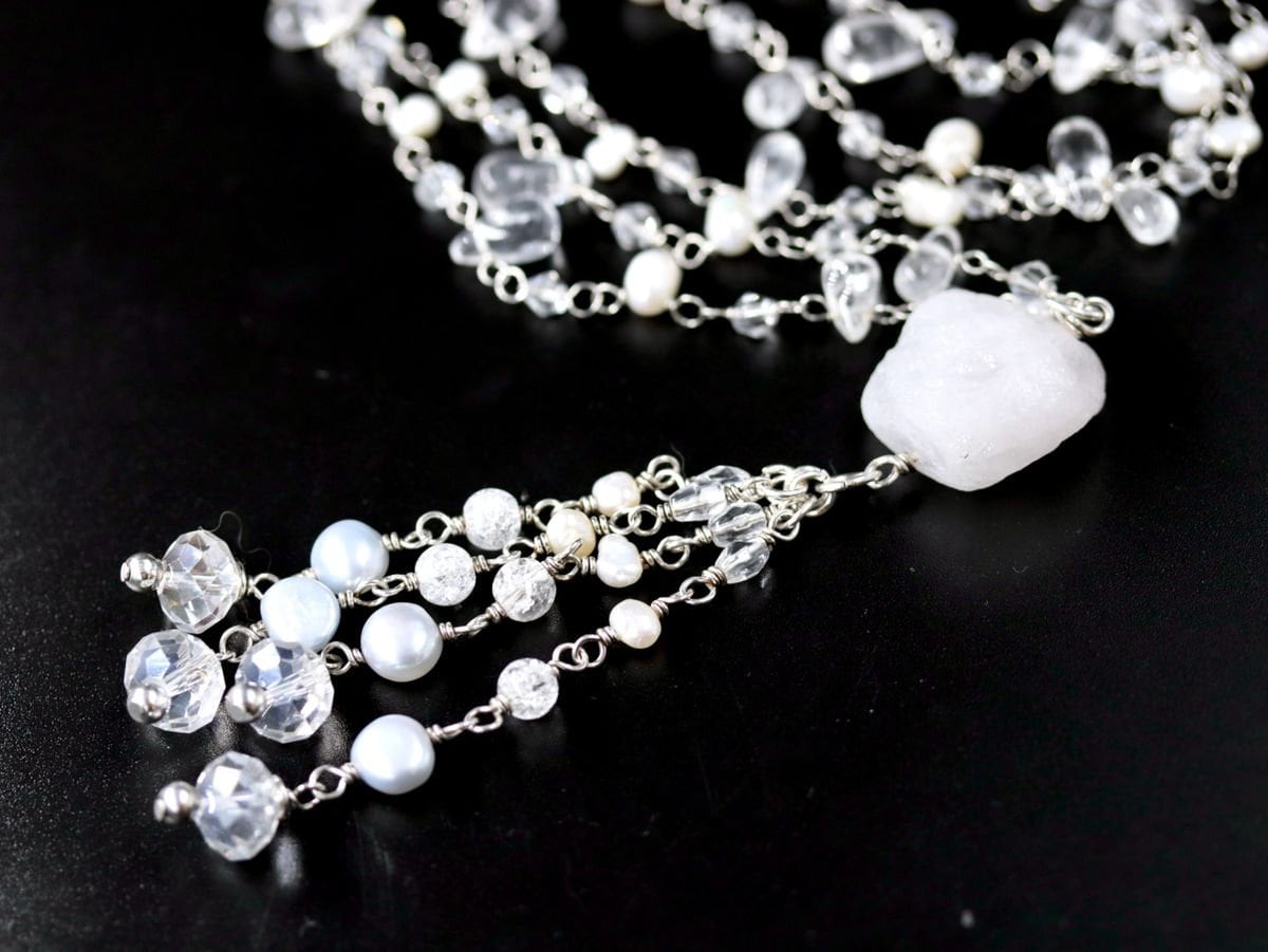 Pink Pearl Rosary Chain Lariat Y Tassel Gemstone Necklace, Sterling Silver, Bohemian