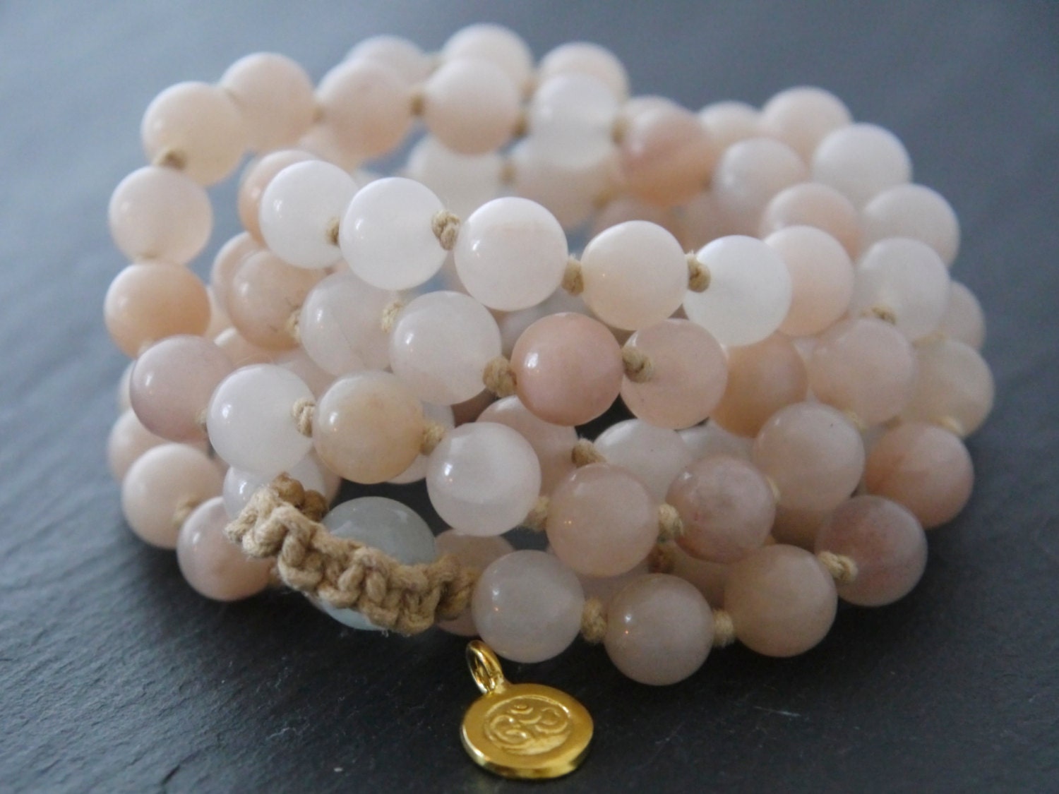 Soft Pink Aventurine Mala Beads, 108 Gemstone Beads, Wrap, Hand Knotted