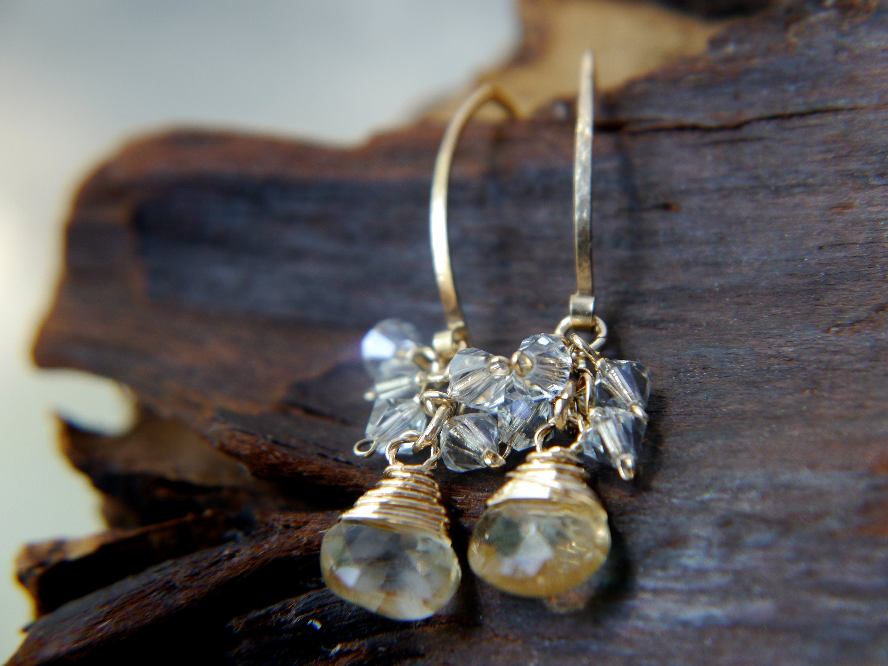 Citrine Teardrop Hoop Cluster Gemstone Earrings, 14K Gold Filled November Birthstone