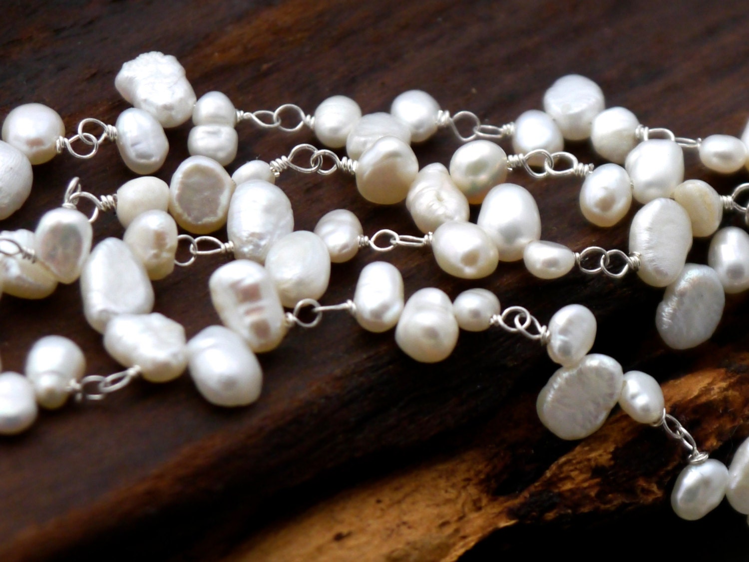 Long White Freshwater Pearl Wedding Necklace, Sterling Silver, Bohemian Bridal Style