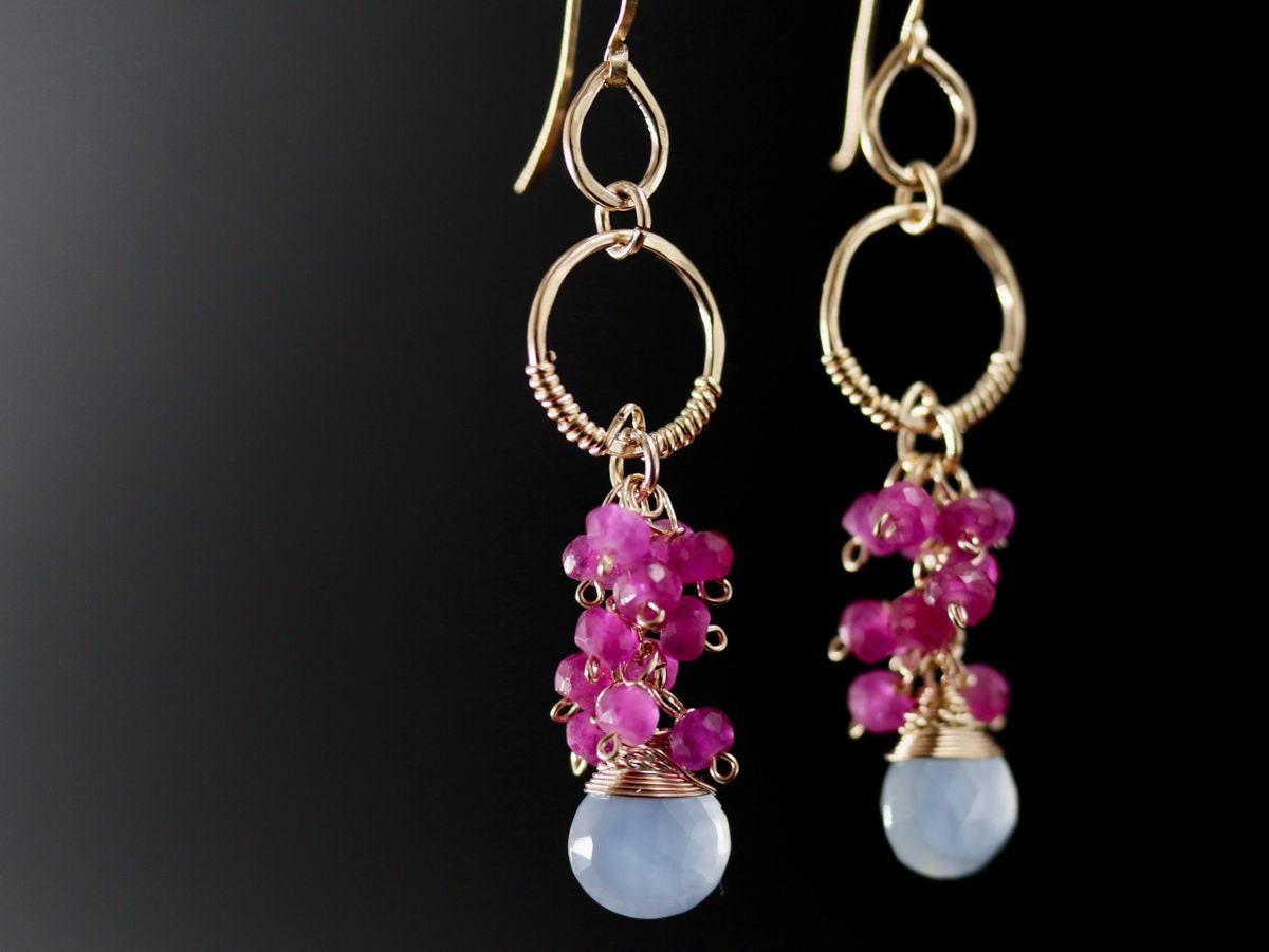 Ruby Chalcedony Heart Briolette Floral Cluster Gemstone Earrings, 14K Gold Filled