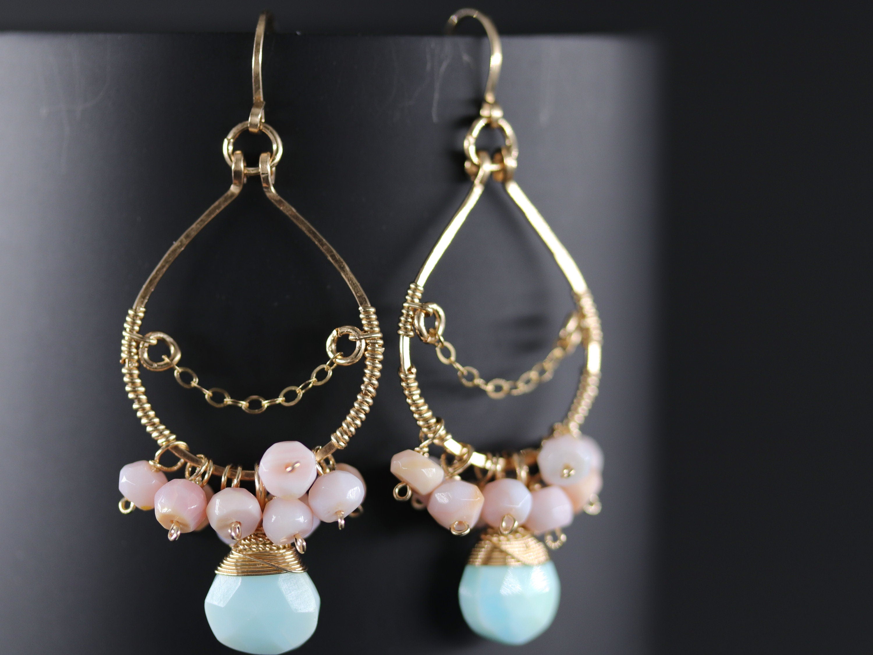Pink Opal Amazonite Floral Chandelier, Gemstone Earrings, 14K Gold Filled Bohemian Bridal Jewelry